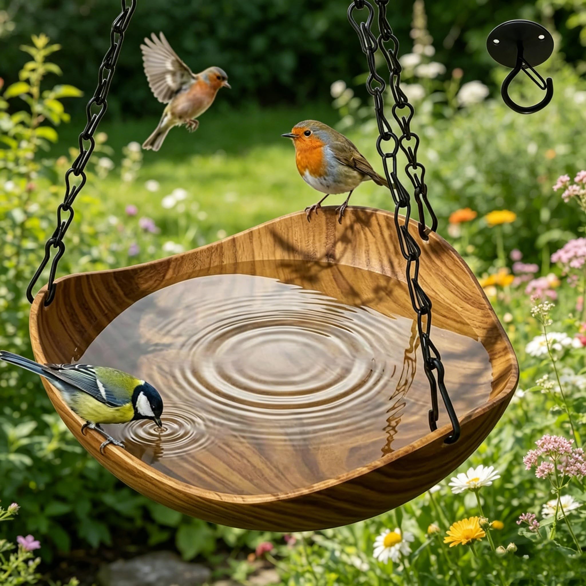 Vintage Garden Bird Bath Hanging Wooden Water Bowl, Decorative Bird Feeders, rainproof bird water bowl, for Park Deck Yard Porch Courtyard Backyard Balcony (Light Wood Grain)