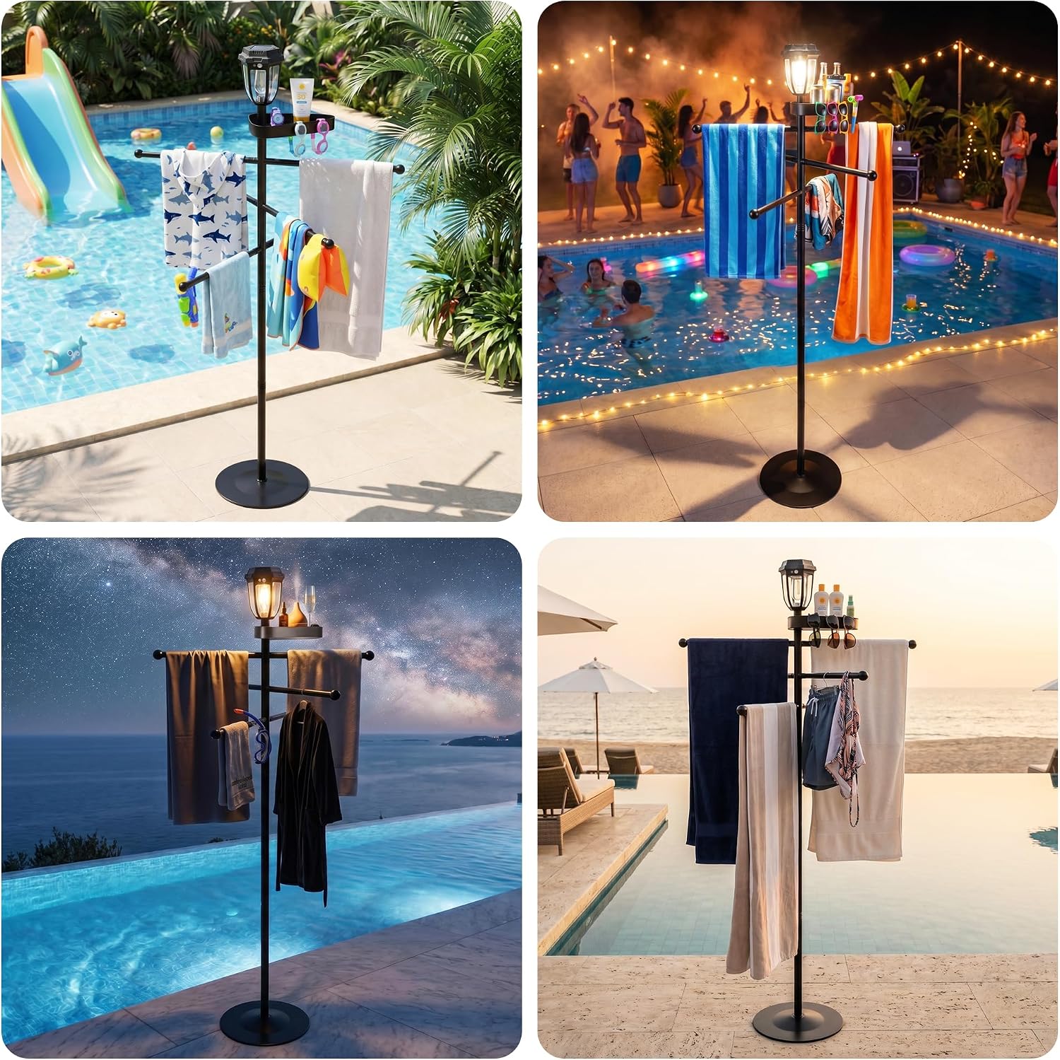 63" Outdoor Solar Freestanding Towel Rack with Storage Tray | Black metal towel holder, 6 hanging rods, floor standing towel shelf for poolside, spa, bathroom outdoor towel storage