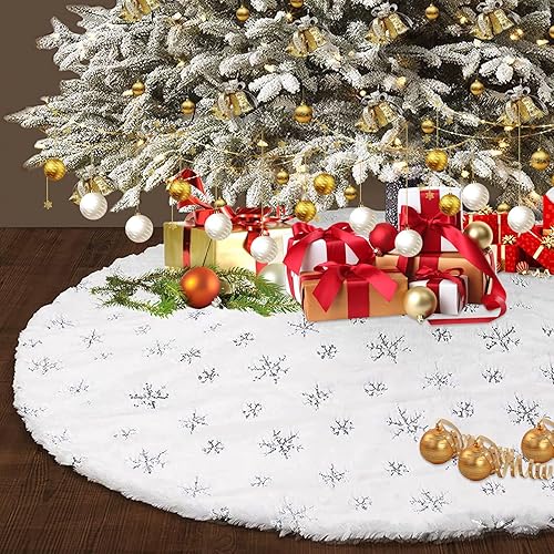 Falda de árbol de Navidad de piel sintética, 48 pulgadas, falda de árbol de piel sintética blanca nevada con lentejuelas plateadas, copos de nieve