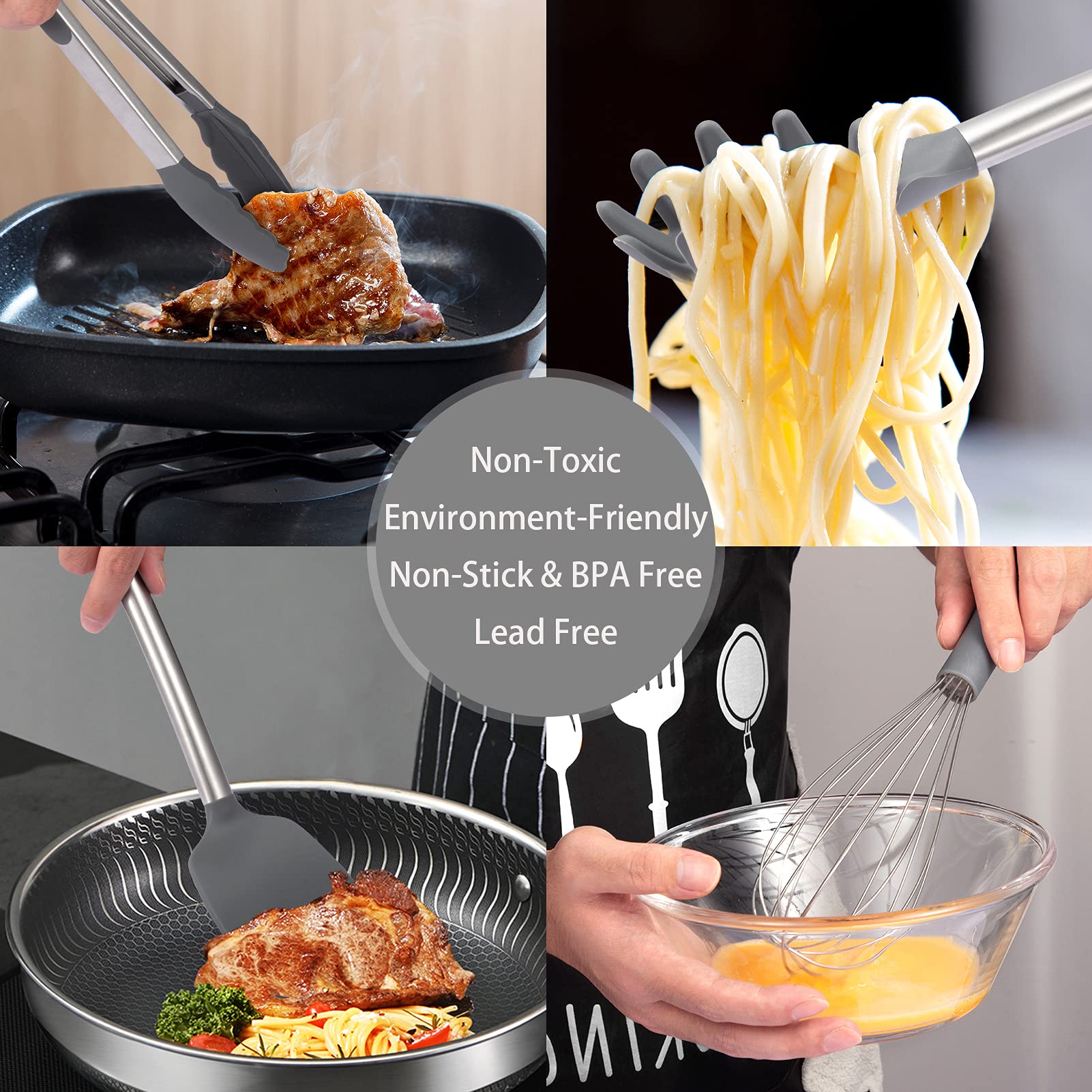 Fashionwu Juego de utensilios de cocina, 13 piezas, utensilios de cocina de silicona antiadherente resistente al calor, asas de acero inoxidable, incluye pinzas, espátulas, cucharas y más, color gris