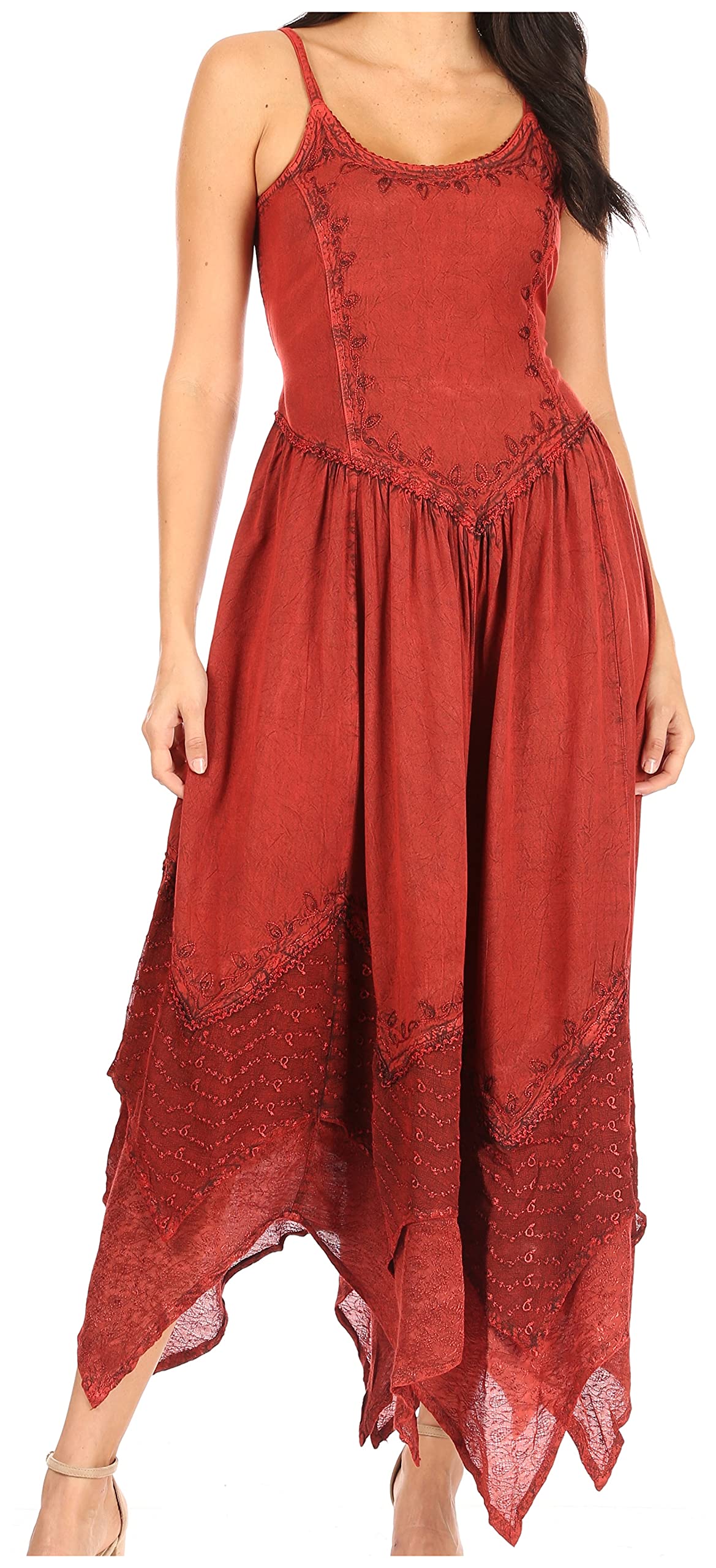 Sakkas Rayon Embroidered Stonewashed Adjustable Spaghetti Straps Long Dress