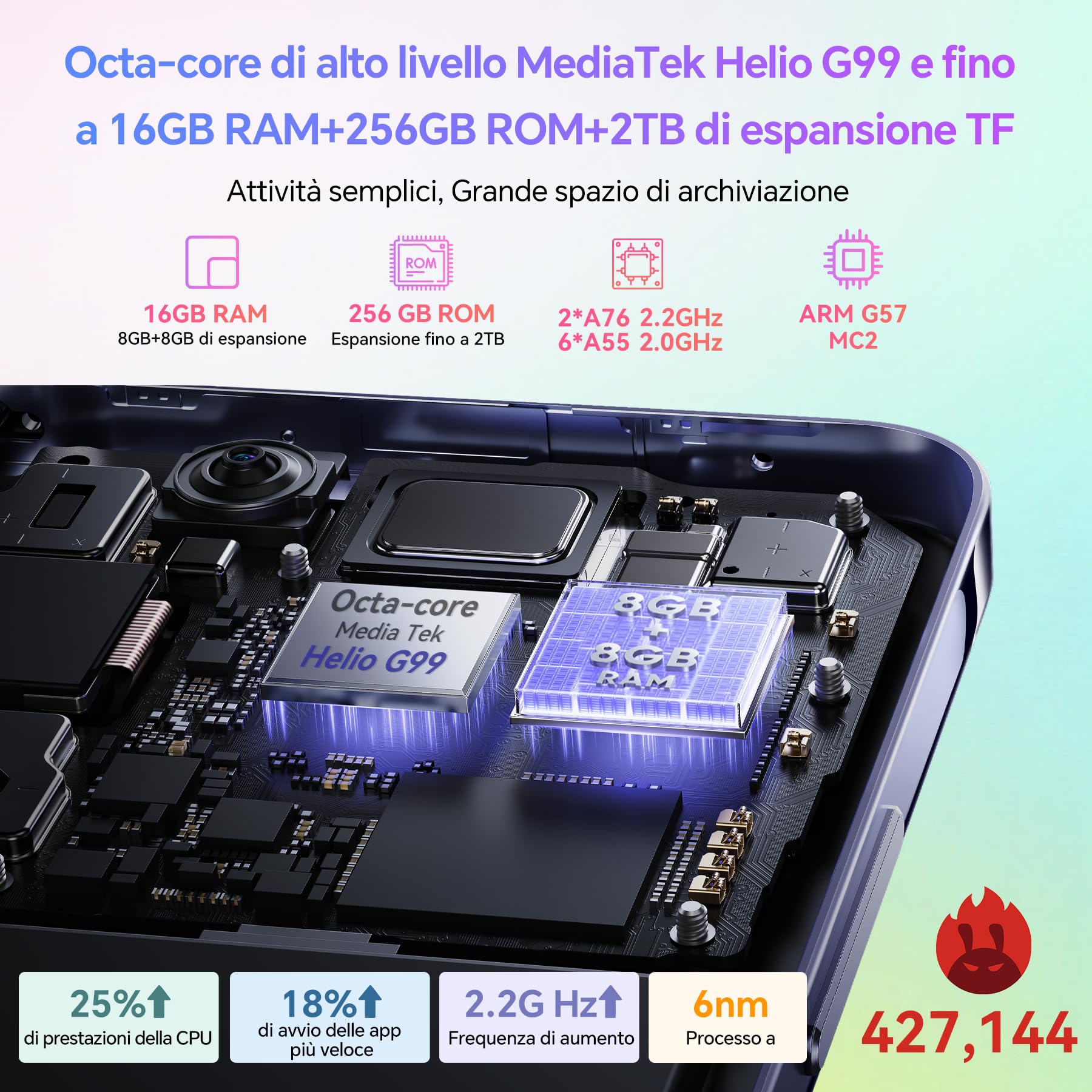 Blackview Shark8 Smartphone, 16GB RAM+256GB ROM/2TB-TF, MediaTek Helio G99, 6.78'' FHD+/120Hz, 64MP+13MP, 5000mAh/33W, 4G Dual SIM Telefono, NFC/Face ID/Fingerprint/OTG/3 Slot/3.5mm Jack
