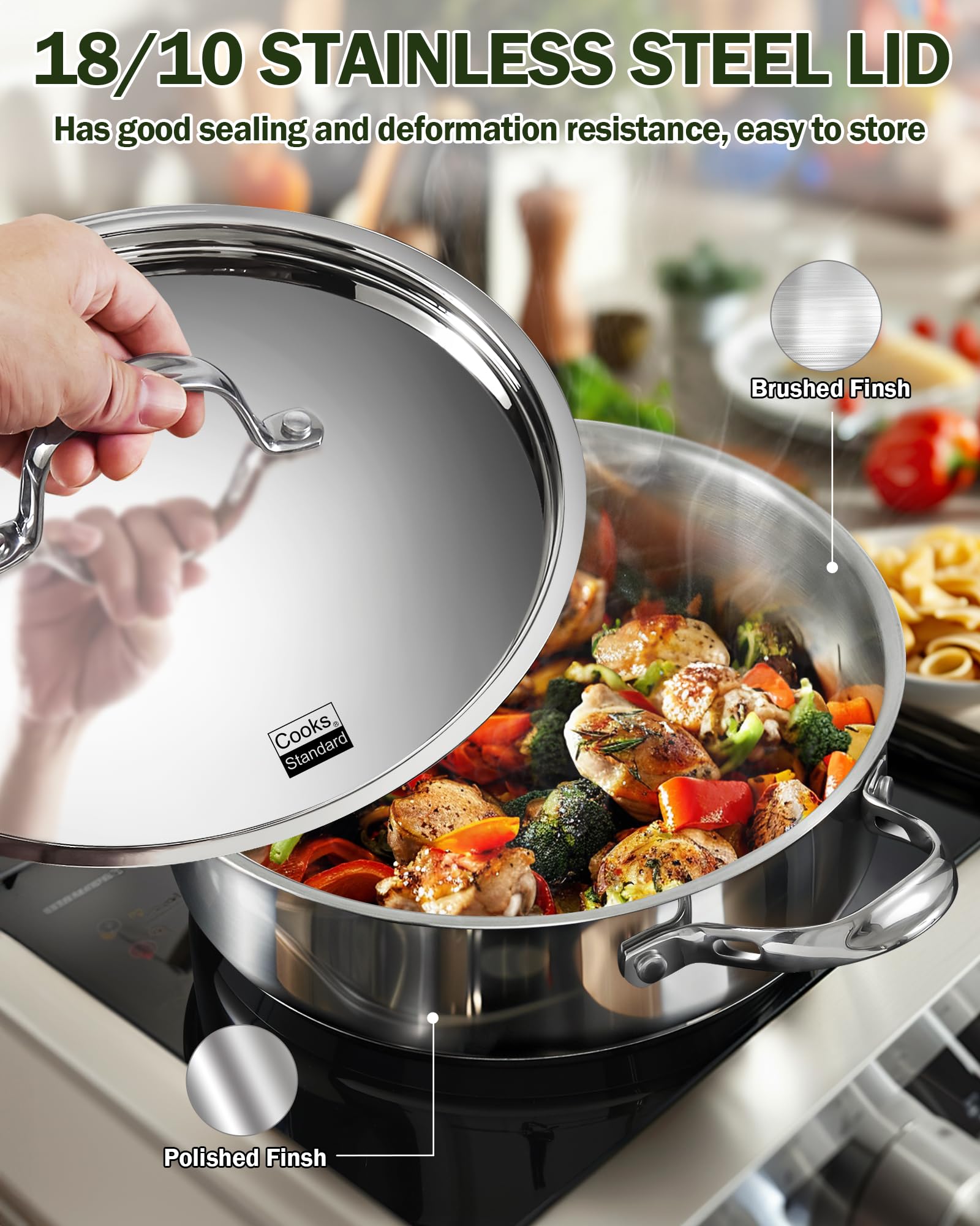 Cooks Standard Sartén de acero inoxidable de 4 cuartos con tapa, sartén de inducción de 10.5 pulgadas de profundidad, sartén grande apta para horno, olla jumbo con mango auxiliar que se mantiene