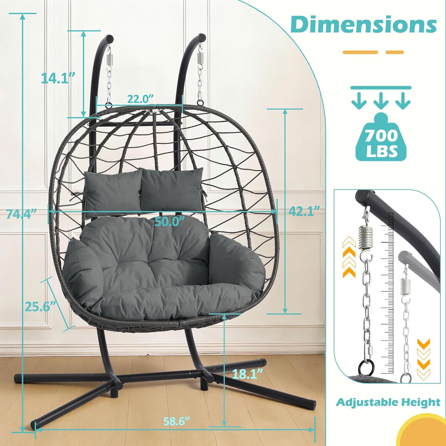 Double Outdoor Hanging Egg Chair with Stand & Oversized Cushion, 700LBS Capacity Heavy-Duty Patio Swing Hammock Chair, Thickened Metal Frame for Garden, Balcony, Bedroom (Gray, Grand)
