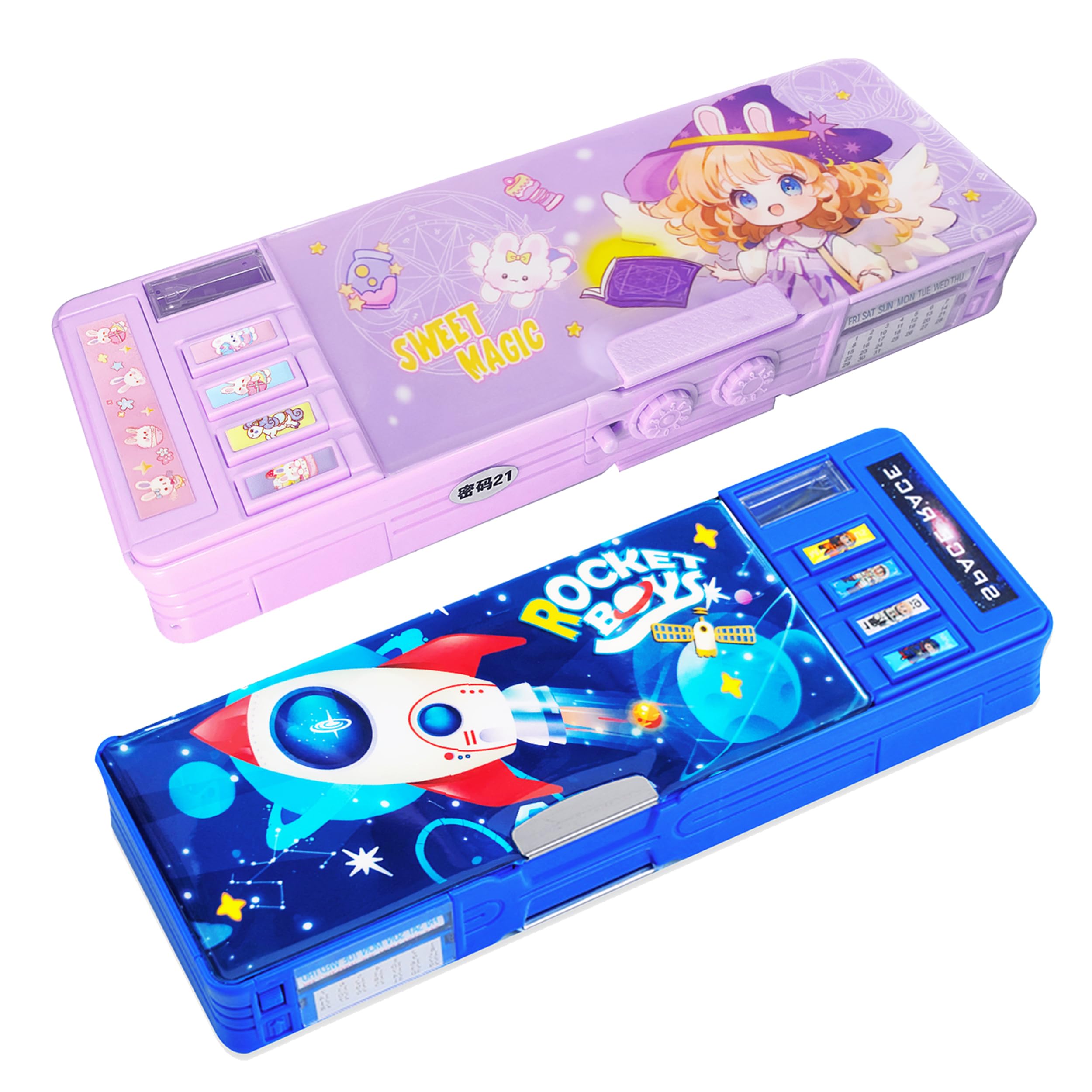 【2Pack】Pop Up Multifunction Pencil Case for Girls and Boys, Cute Cartoon Pen Box Organizer Stationery with Lock, Sharpener, Schedule, Whiteboard,