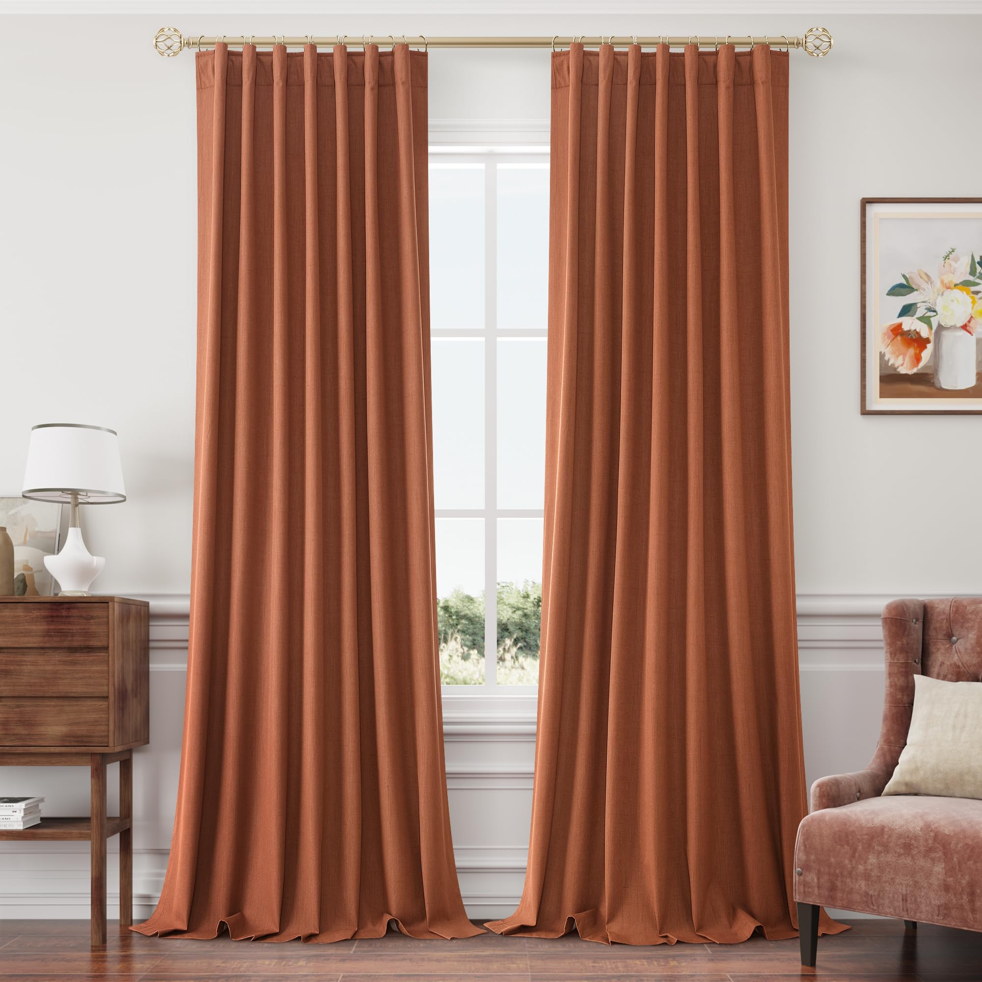 Joywell Terracotta Linen 100% Blackout Curtains 102 Inch Long, Rod Pocket,Back Tab,Hook Belt,Thermal Insulated Pinch Pleated Window Drapes Boho Farmhouse for Bedroom Living Room(2 Panels,52 x 102)