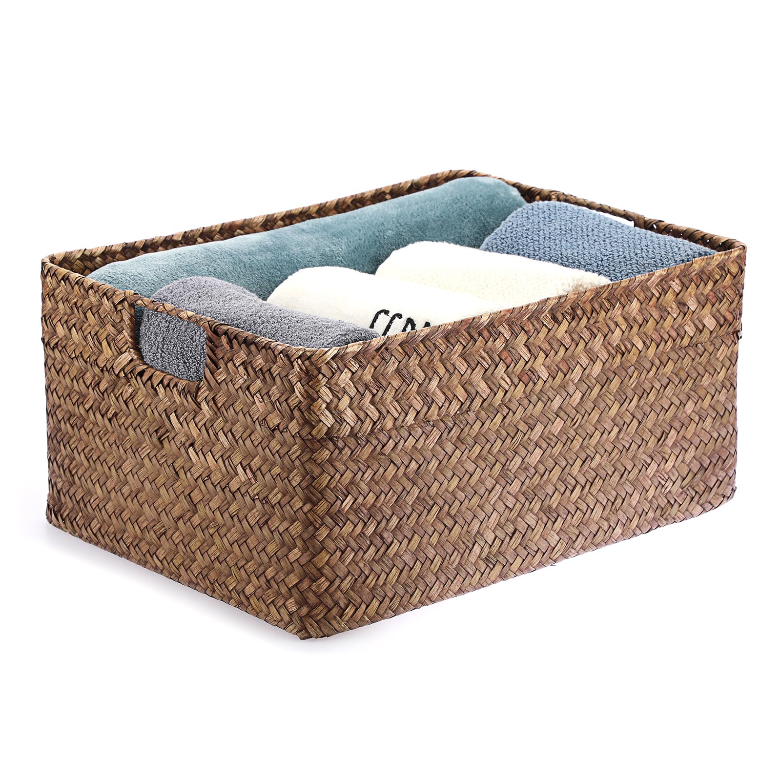 IGNPIONSeagrass Storage Opened Basket Living Room Decorative Baskets Woven Wicker Towel Basket Rectangular Bathroom Storage Organiser Box, Shelves & Desks Multipurpose Storage Hamper, XL