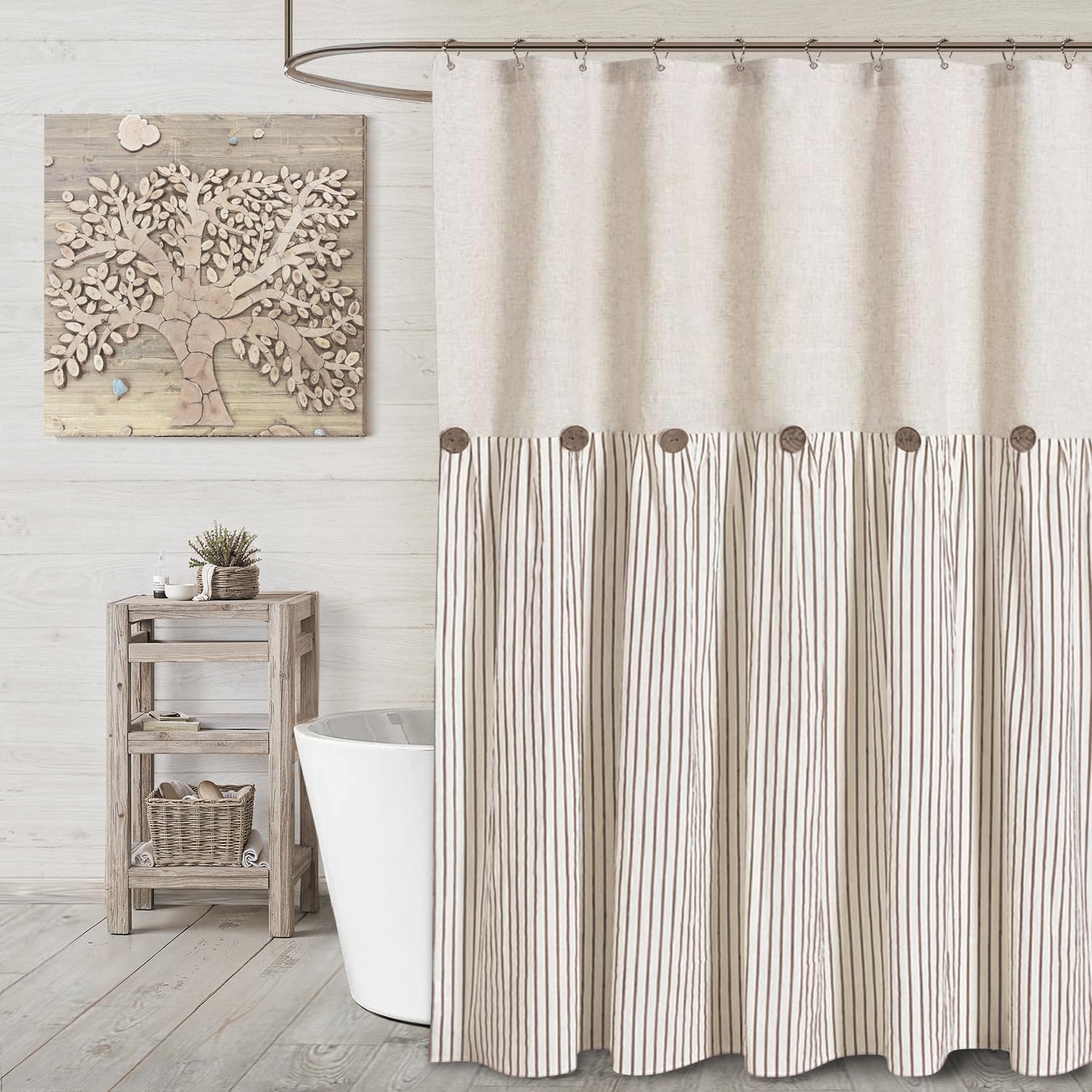 Awellife Farmhouse Beige Shower Curtain Button Linen Textured Woven Fabric,Pleated Beige Stripe,Country Style,72×72 Inch