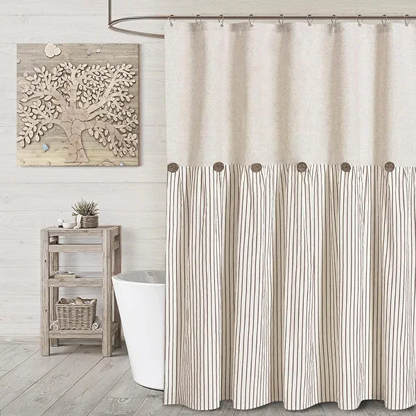 Awellife Farmhouse Beige Shower Curtain Button Linen Textured Woven Fabric,Pleated Beige Stripe,Country Style,72x72 Inch