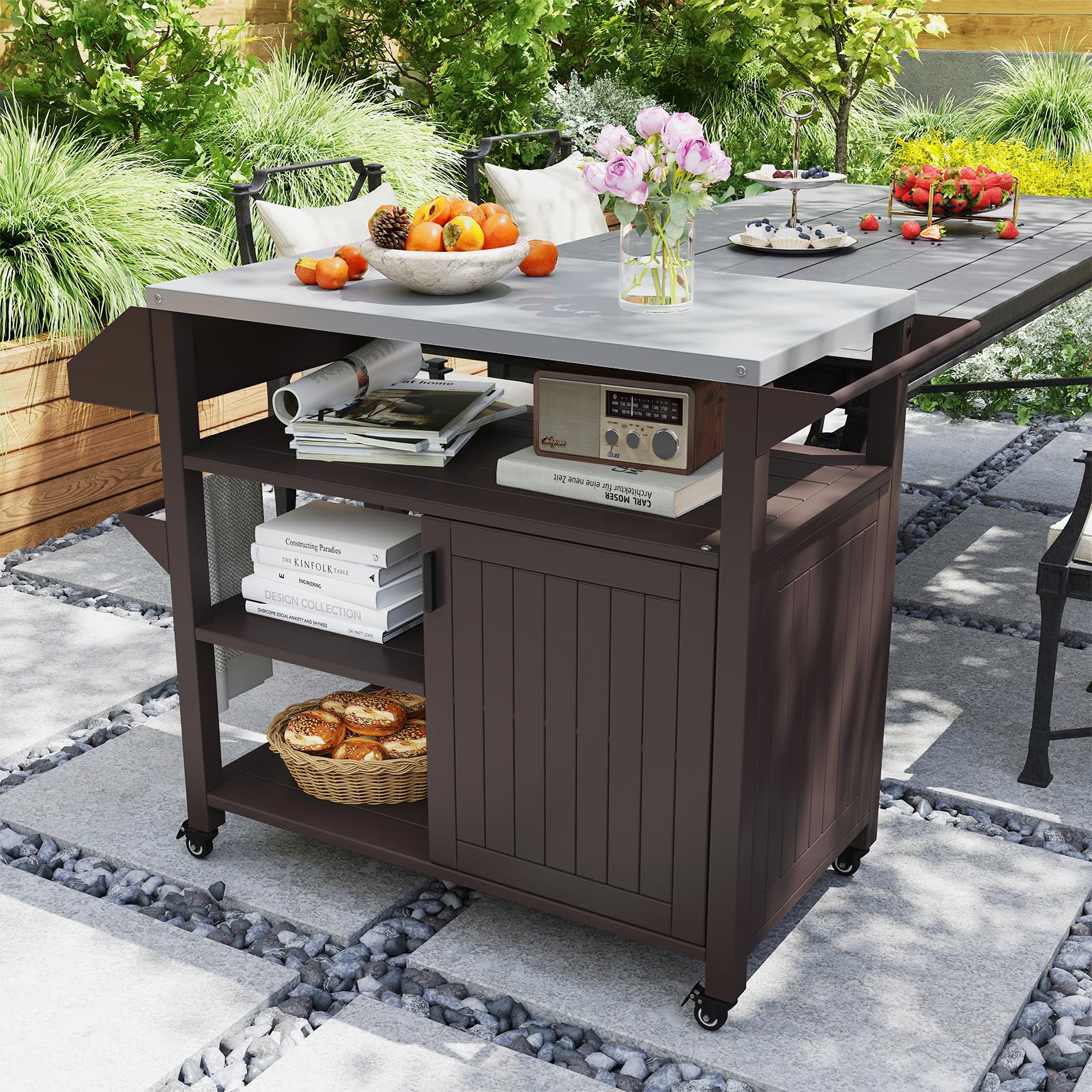 COSTWAY Carrito de Barbacoa con Estante Abierto y Armario, Cocina Exterior con 4 Ruedas 360°con Freno, Encimera de Acero Inoxidable, Mueble para BBQ para Picnic, Fiesta, 116 x 50 x 87 cm