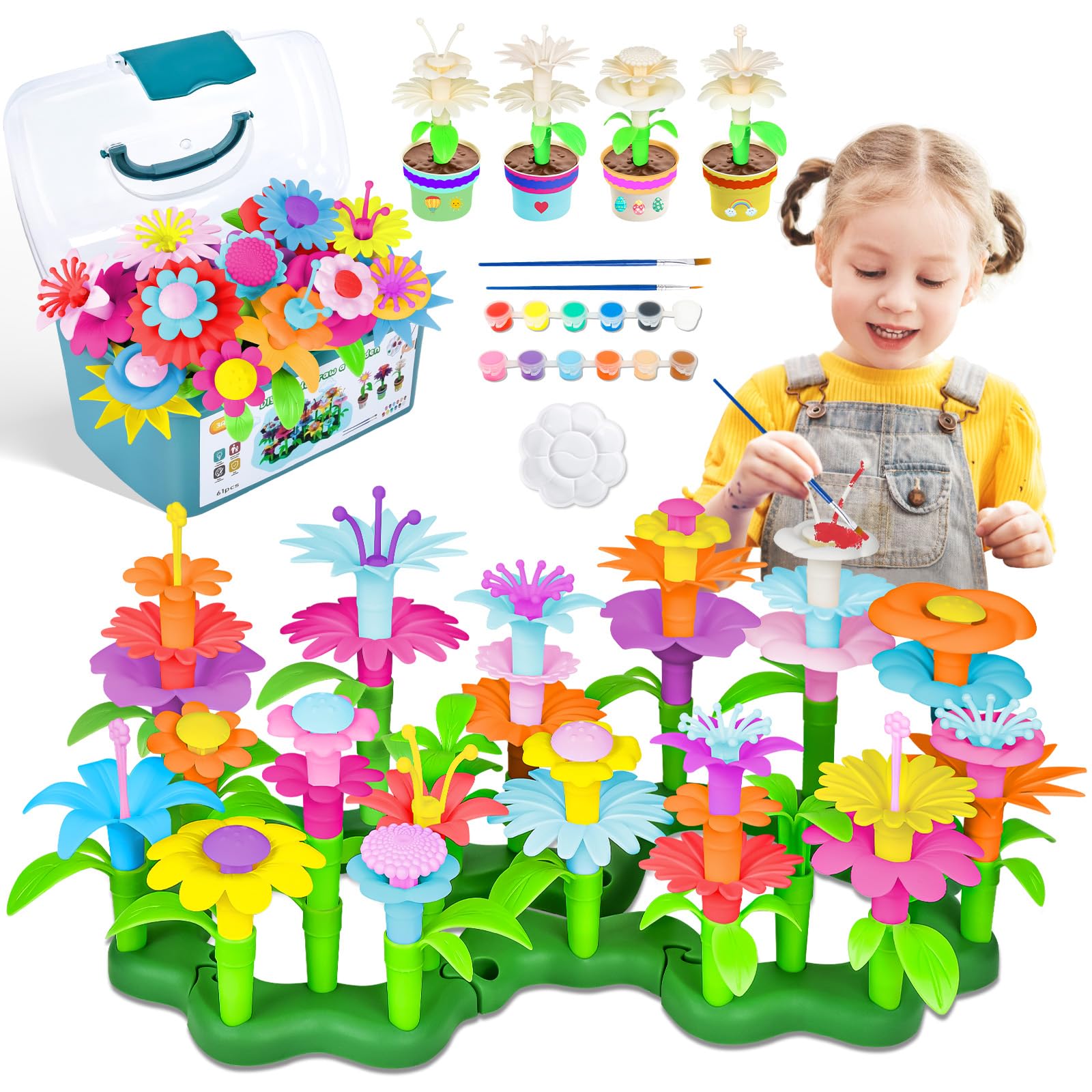JONRRYIN Flower Garden Toy from 3 Years Girls, DIY Bouquet Sets with Storage Box, Flower Garden Building Toy Set, Flower Plug-in Game for Girls, Flower Garden Building Toy (130 Pieces)