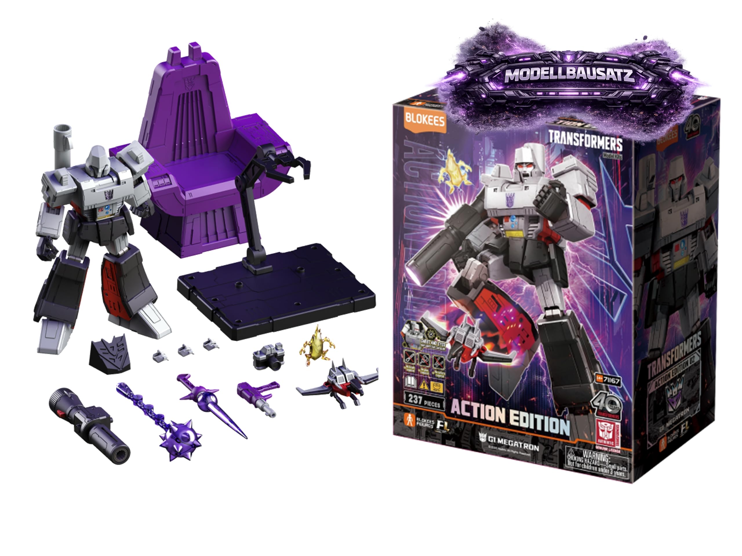 BLOKEES Transformers G1 Megatron Action Edition 02, zestaw modeli dla dzieci od 12 lat, robot 18 cm z 45 ruchomymi przegubami, funkcja oświetlenia, zestaw akcesoriów z tronem, model kolekcjonerski