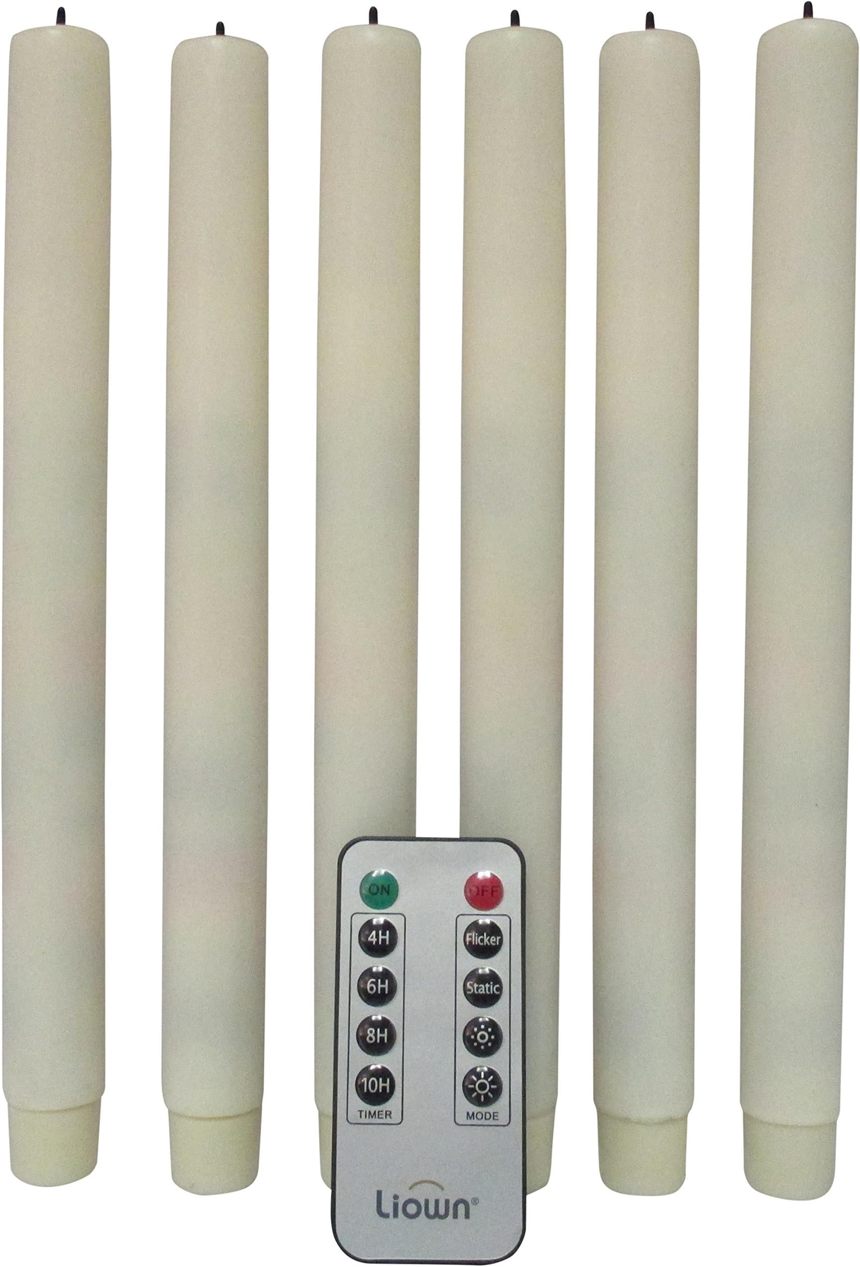 Set of 6 Flameless Taper Candles by Pushwick from Liown: 10 Inch LED Taper Candles, Remote, Timer and Batteries