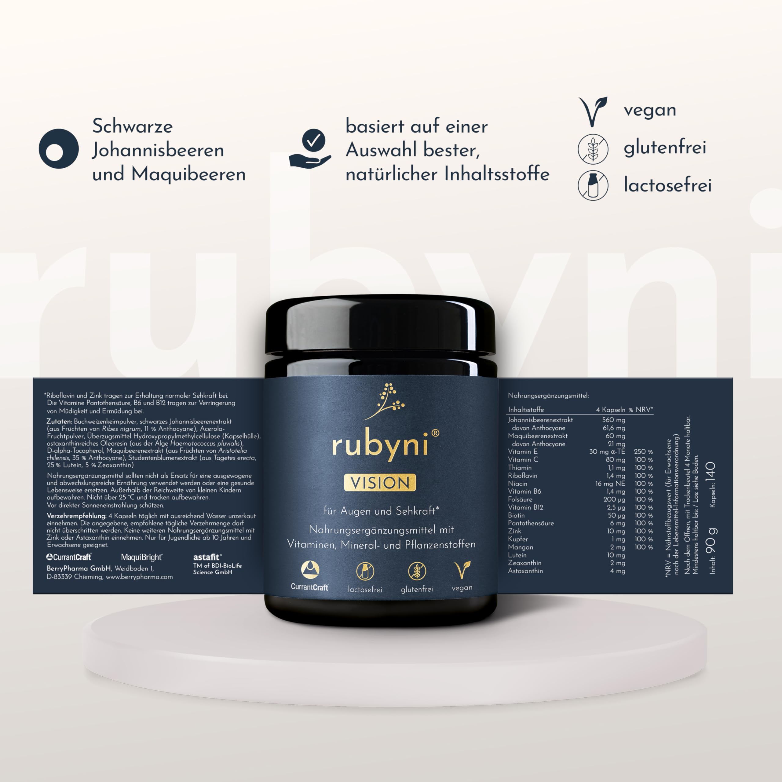 VISION Augenvitamine - 140 Kapseln - Lutein & Zeaxanthin | Riboflavin & Zink tragen zur Erhaltung normaler Sehkraft bei - Vegan, natürlich, laktose- & glutenfrei - Mangan & Xanthinen