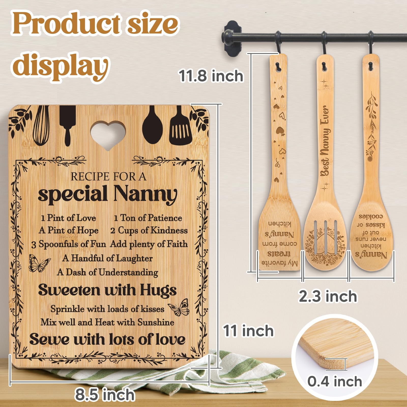 Gifts for Nanny - "Recipe for a Special Nanny" Nanny Gifts Cutting Board Set, Bamboo-Made Engraved Utensil Set Nanny Gifts for Grandma, Mothers Day Gifts for Nanny