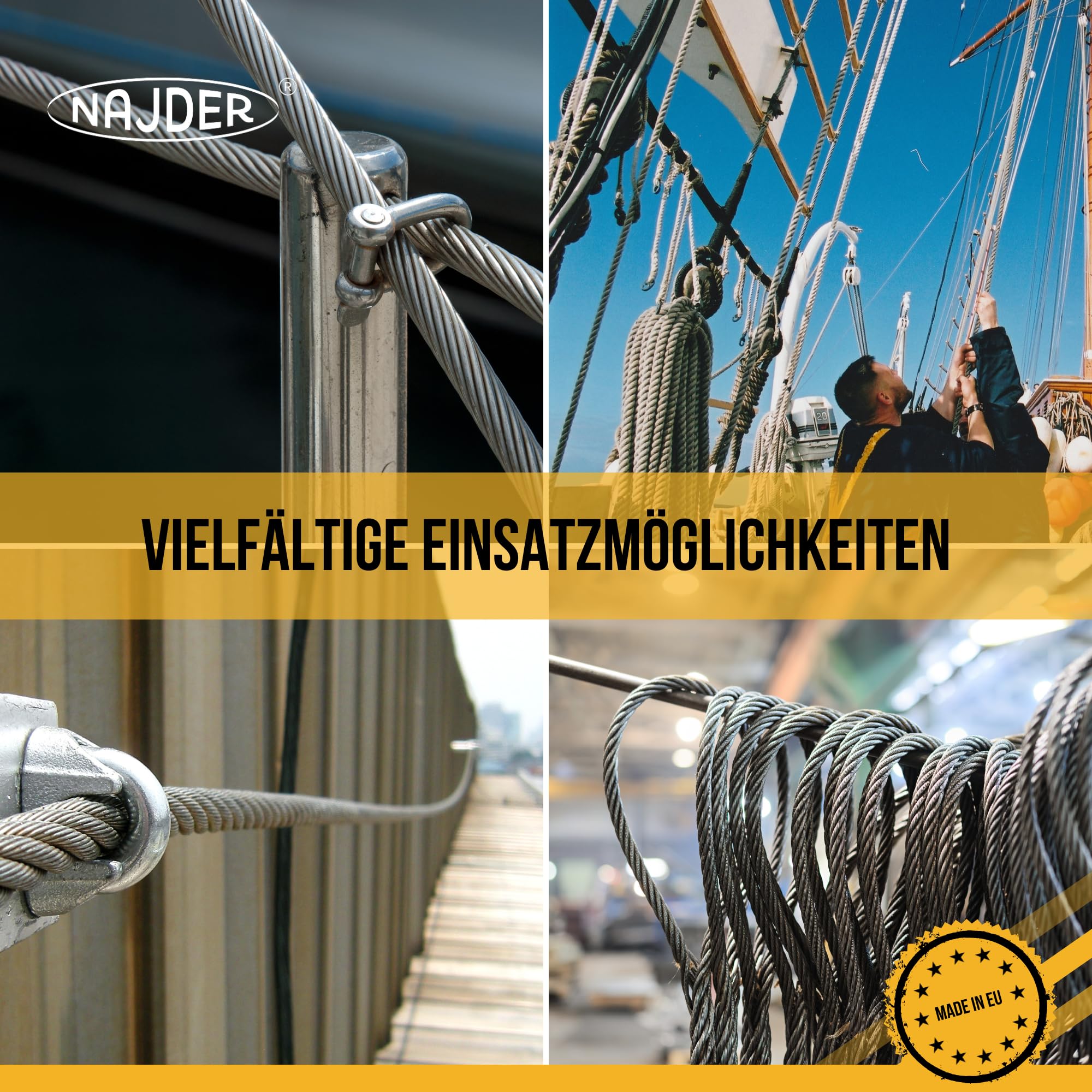 NAJDER - Stahlseil - Edelstahlseil - Gewebtes Stahlseil 7x19 - Zugfestes Seil 1570 N/mm2 - Säurebeständiges Stahlseil - Spannseil - Balustradenseil - Durchmesser 1,5mm - 250 Meter
