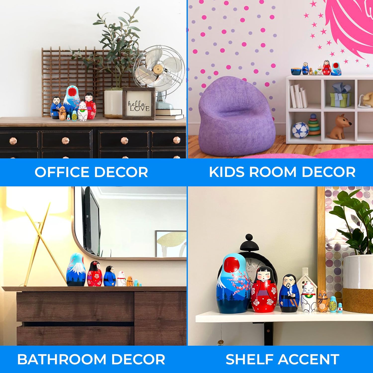 AEVVV Nesting Dolls Set of 7 pcs - Matryoshka with Japanese Decorations - Cherry Blossom Decor Lucky Cat Figurines Geisha Doll Samurai Japanese Decor - Matryoshka Doll