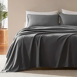 SLEEP ZONE Nanotex Super Soft Cooling King Bed Sheets Set 4 Piece - Easy Care Fitted Flat Sheet & Pillowcase Sets - Wrinkle Free, Fade Resistant, Deep Pocket 16" (Gray, King)