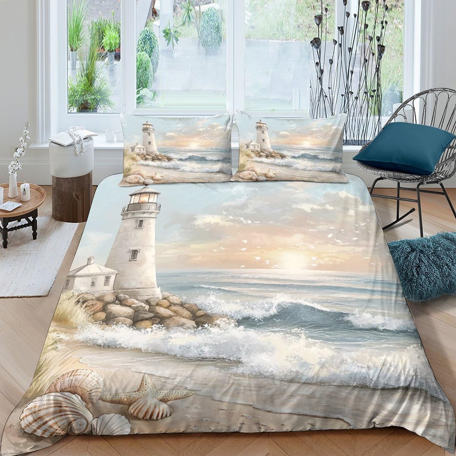 Ctjqhvkz Style-5 3D Printed Lighthouse Ocean Fitted Sheet Microfiber Soft Bedroom Decor Coastal Sunset Mattress Cover Single（135X200cm）
