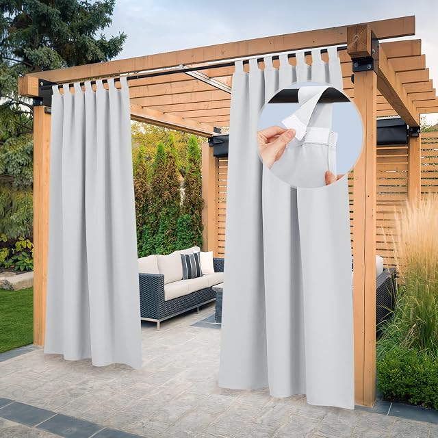 PONY DANCE Zasłona outdoorowa ze zdejmowanymi szlufkami, zestaw 2 szt. wys. 243 x szer. 132 cm, do użytku na zewnątrz, wodoszczelna, na balkon, do użytku na zewnątrz, ochrona przed wzrokiem i słońcem, szaro-biała