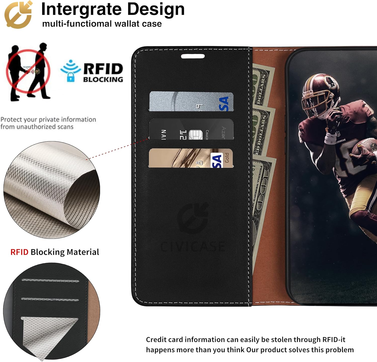 for iPhone 15 Wallet Case,Leather Flip Case RFID Blocking Credit Card Holder Folio Magnetic Stand TPU Shockproof Cover Compatible with iPhone 15 Black Blue - Image 3