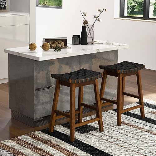 Miniatura 7 de Giantex Juego de 4 taburetes de silla de montar tejidos, de piel sintética, estilo campestre, de madera de 31 pulgadas de altura de barra con