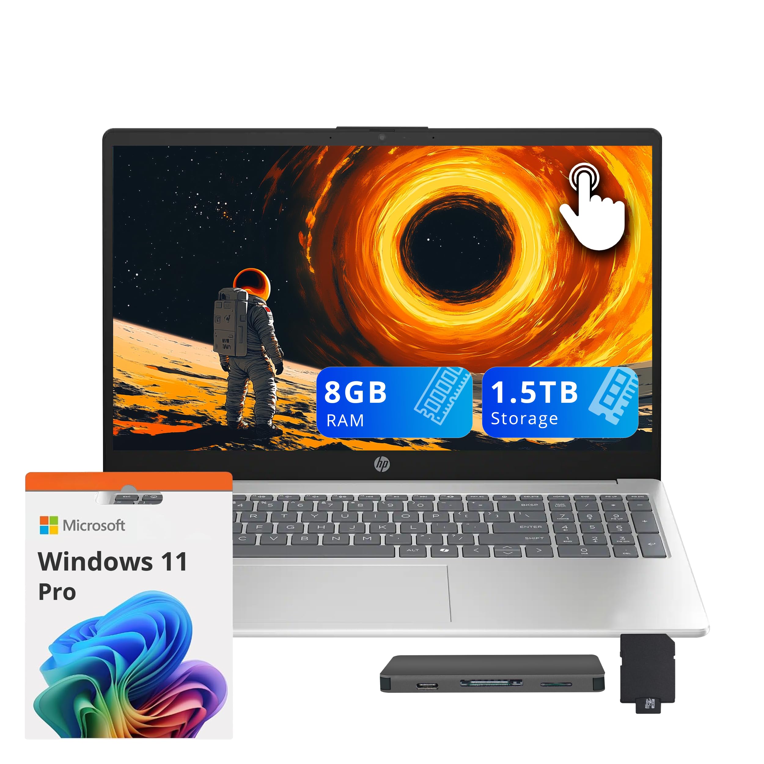 HP 15.6" FHD Touchscreen Laptop, AMD Ryzen 5 7520U, 8GB LPDDR5, 1.5TB Storage (512GB SSD+1TB Docking Station Set), AMD Radeon Graphics, Full-Size Keyboard, Copilot, Wi-Fi 6, Windows 11 Pro, Silver