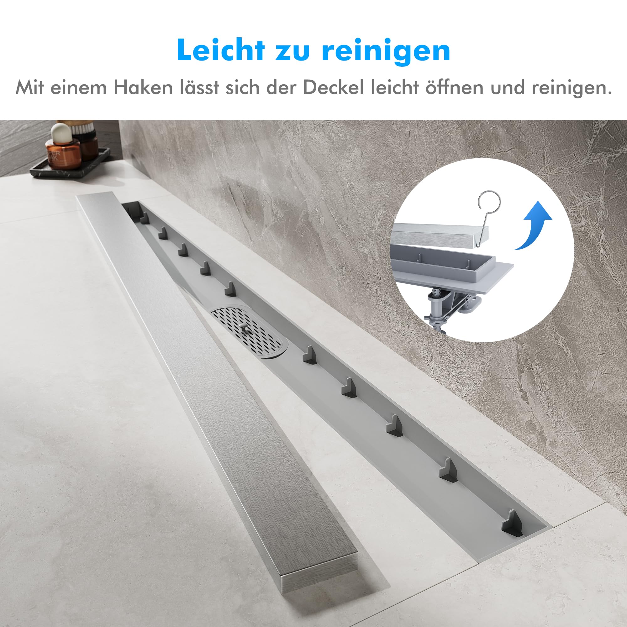 SONNI Caniveau de douche 60 cm | 2 en 1 en acier inoxydable | Avec système anti-odeurs | Passoire à cheveux | Carrelable | Base ABS | Volume d'écoulement de 30 l | 8 pieds réglables