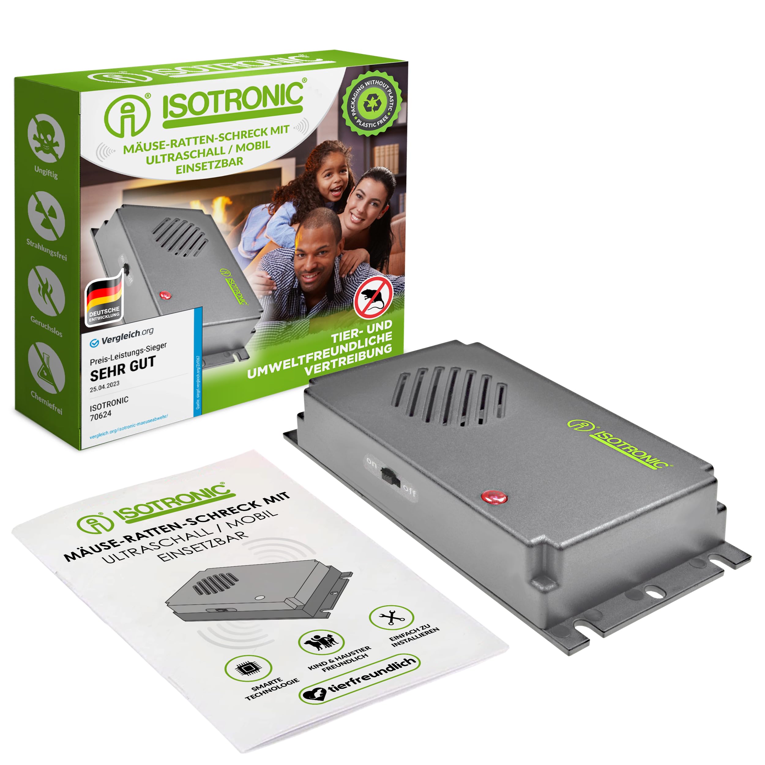 ISOTRONIC Ultraschall Mäuseabwehr zum Mäuse & Ratten vertreiben – Schädlingsvertreiber für Dachboden, Keller, Garage & Garten – Mäuseschreck ohne Gift & Mausefalle – 40m² Wirkungsbereich (1 Stück)