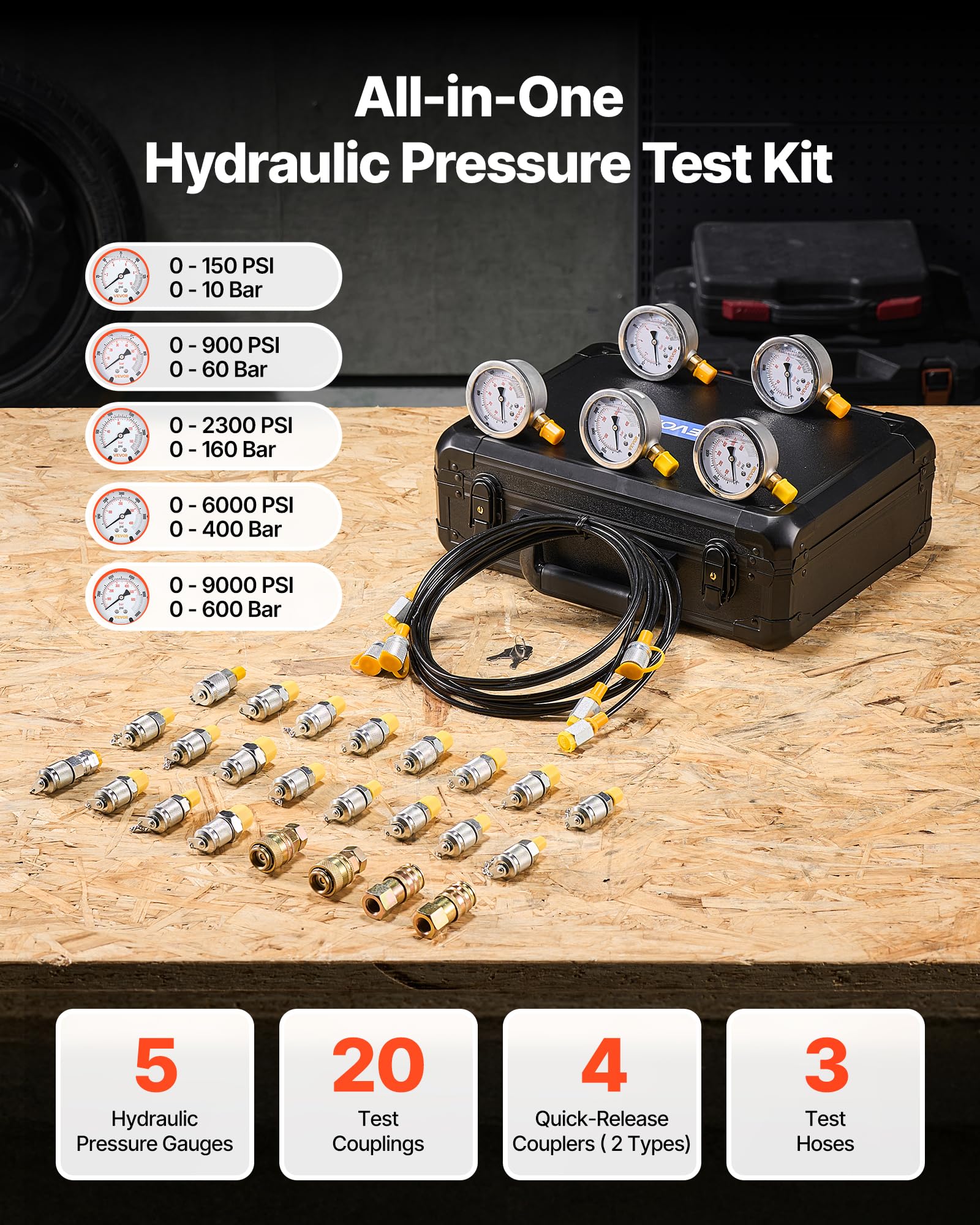 VEVOR Kit de Prueba de Presión Hidráulica, de 10/60/160/400/600 bar, Incluye 5 Manómetros, 20 Acoplamientos, 4 Acoplamientos Rápidos y 3 Mangueras para Excavadoras y Maquinaria de Construcción