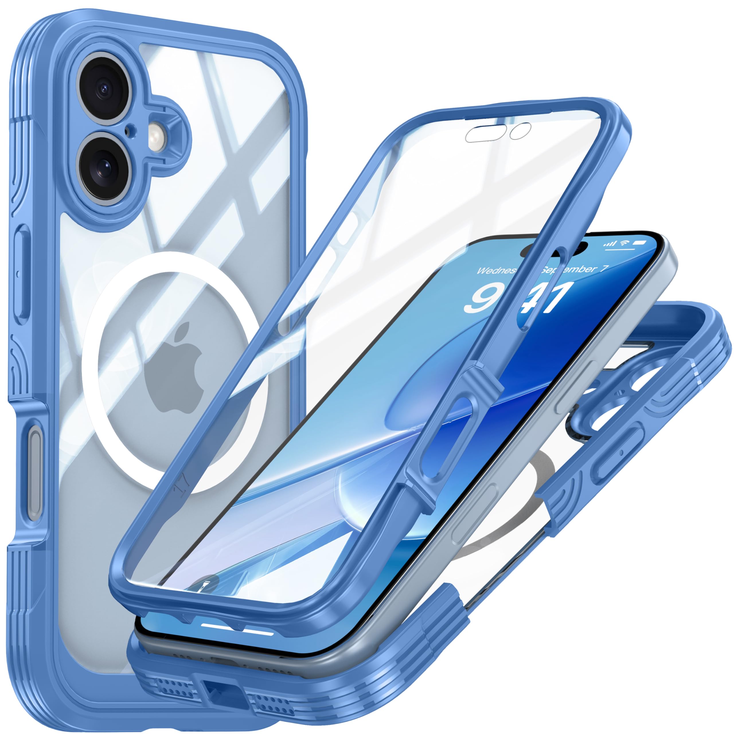 Magnetic Case Designed for Cell Phone 1-7 6.3 inch Military Grade Rugged 360 Full Body Built in Screen Protector Heavy Duty Compatible with MagSafe Clear Phone Cover (Blue)