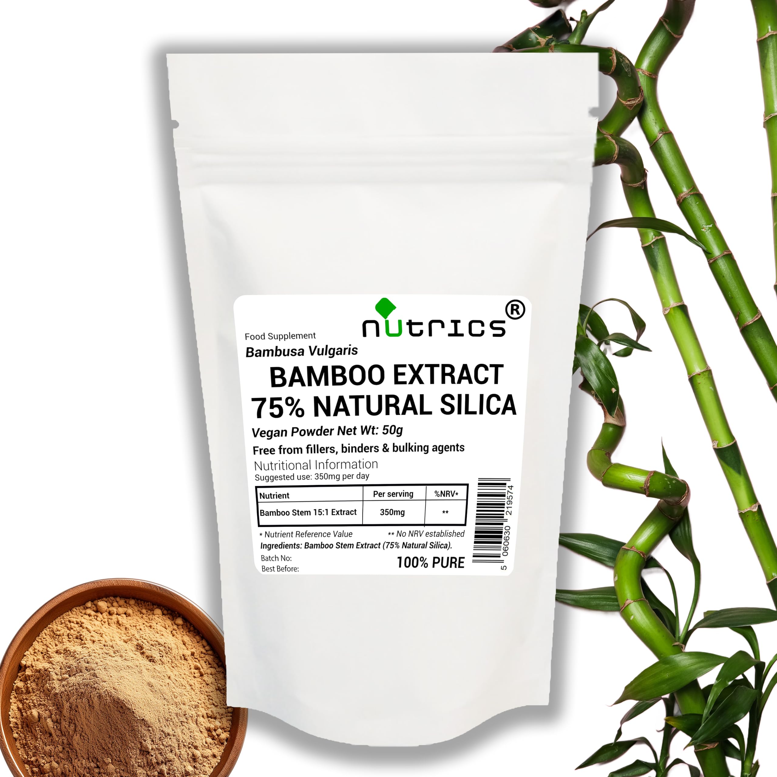 Bamboo Extract Powder 50g 75% Natural Silica - Bambusa Vulgaris - Vegan - 15 Times Stronger Than Powder - Free from fillers Binders & Bulking Agents