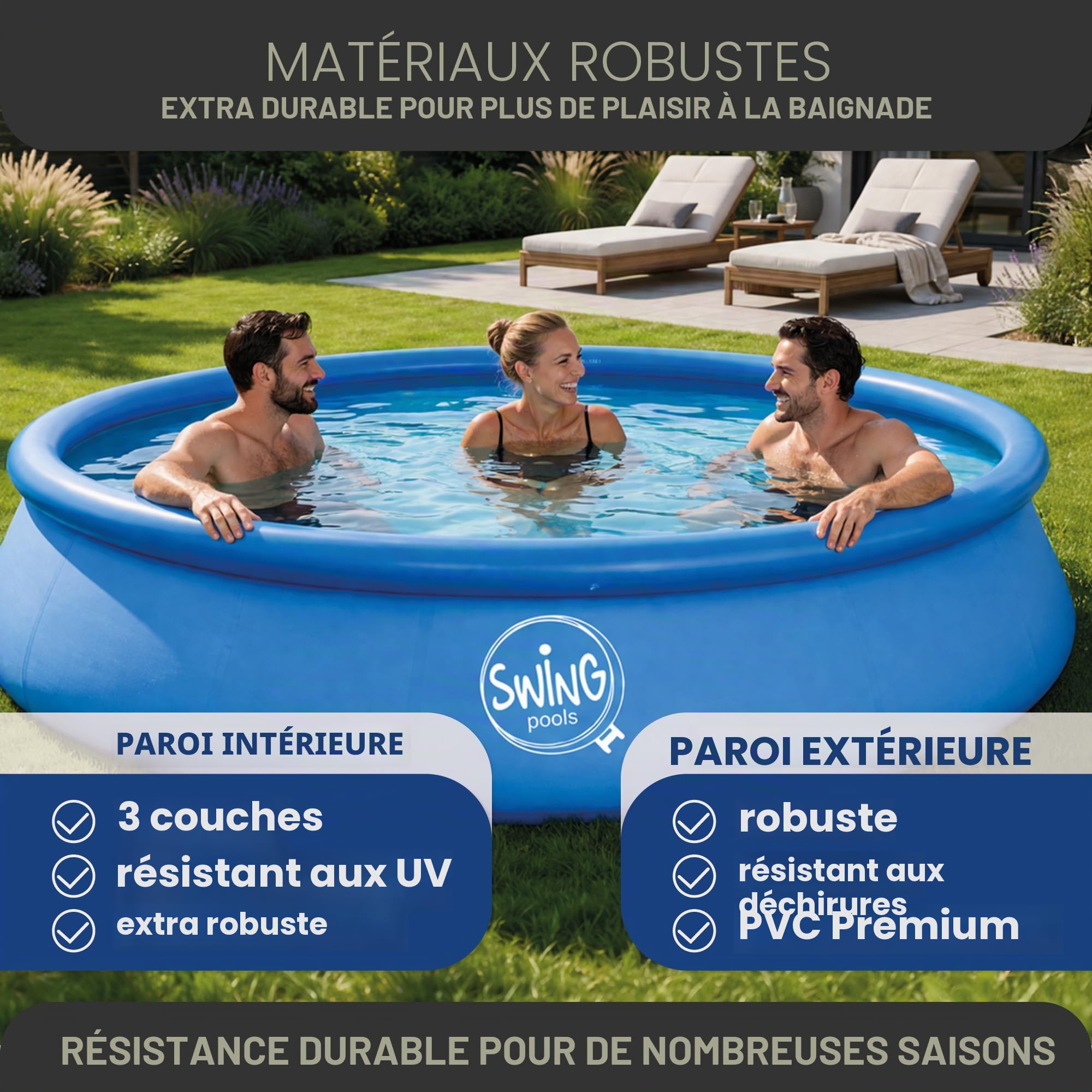 HAF Piscine Swing Quick-Up en gris (Ø 366 x 91 cm) - Environ 6 700 litres - Piscine autoportante (ronde) - Piscine gonflable de jardin pour enfants et adultes - Aucun outil nécessaire