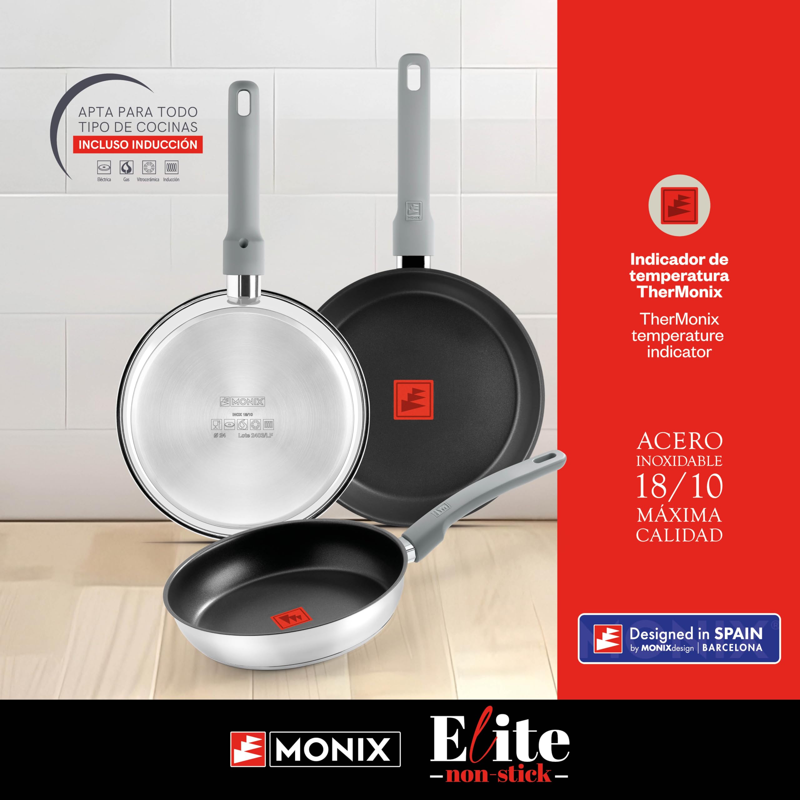 Monix Elite Non Stick | Set 3 sartenes 20-24-26 cm, acero inoxidable 18/10, Antiadherente Tricapa Sin PFOA, Indicador de Temperatura TherMonix, Mango ergonómico softouch