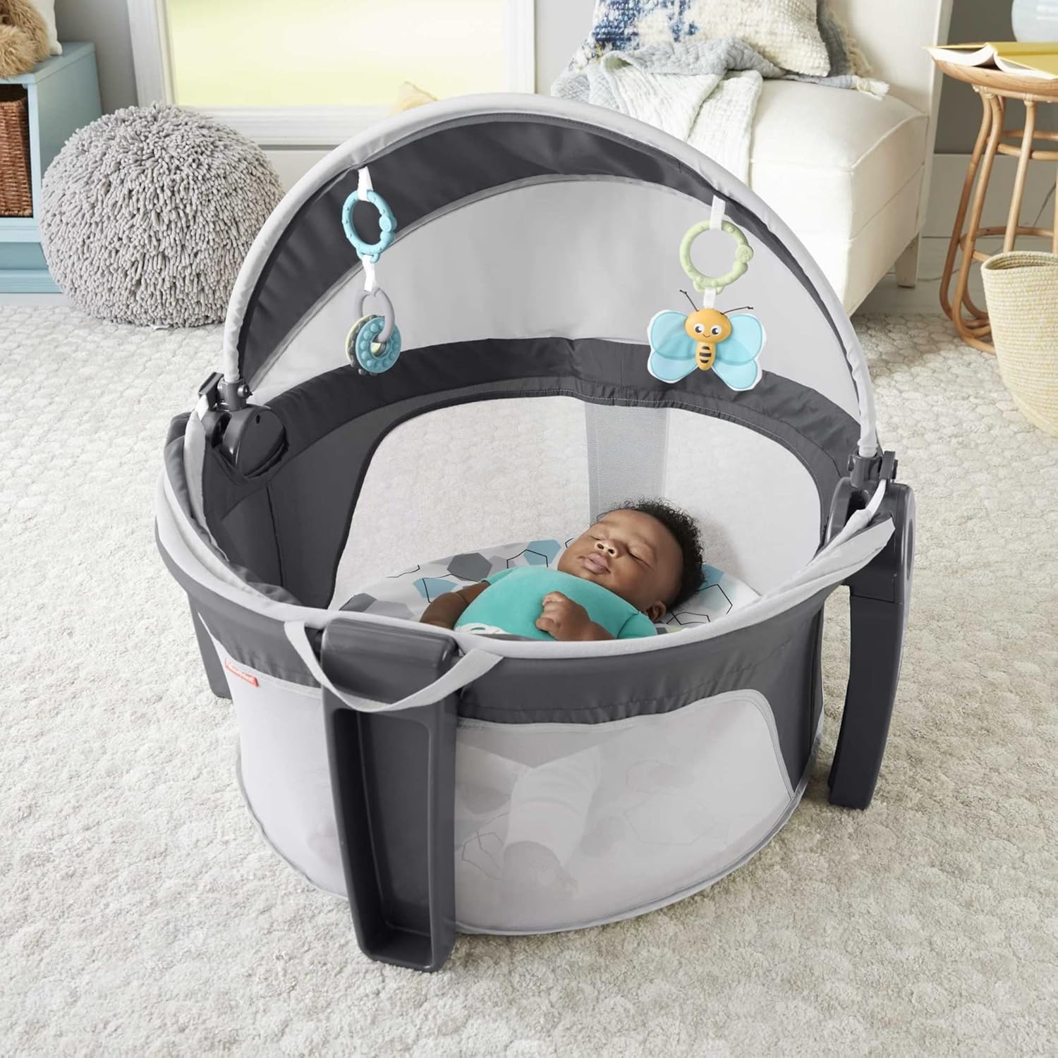 Fisher-Price Baby Portable Bassinet and Play Space On-the-Go Baby Dome with Developmental Toys and Canopy, Windmill