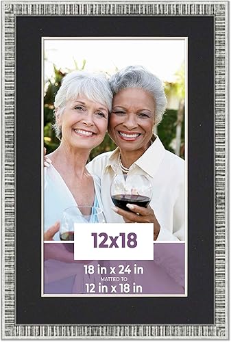 Marco plateado de 12 x 18 pulgadas con paspartú negro para fotos de 12 x 18 pulgadas, marco plateado Kingsley de 18 x 24 pulgadas para mostrar