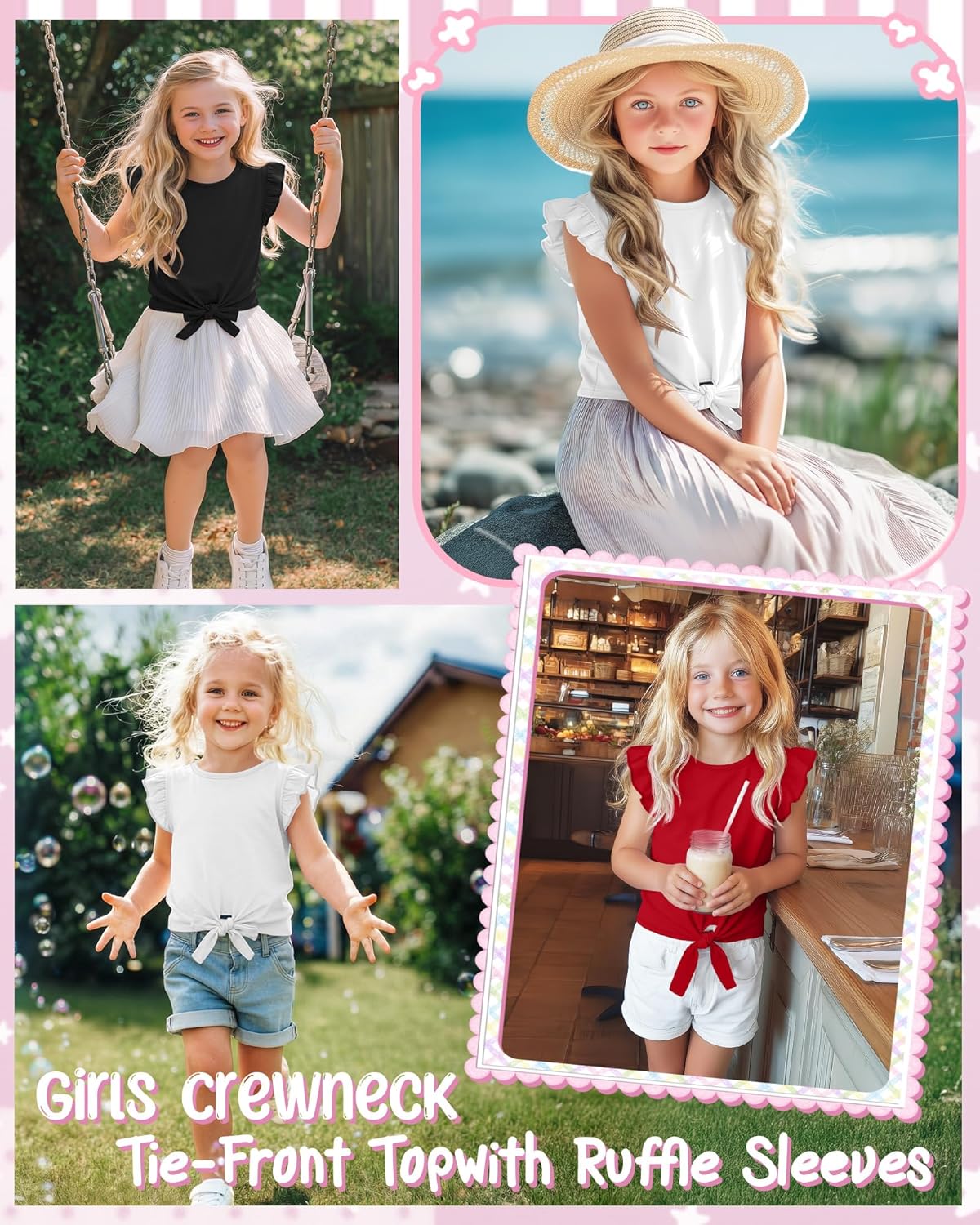 3 Pack Girls' Short Ruffle Sleeve Shirts Tie Knot Front Summer Tops Kids Flutter Crewneck Casual Tee 5-14 Years