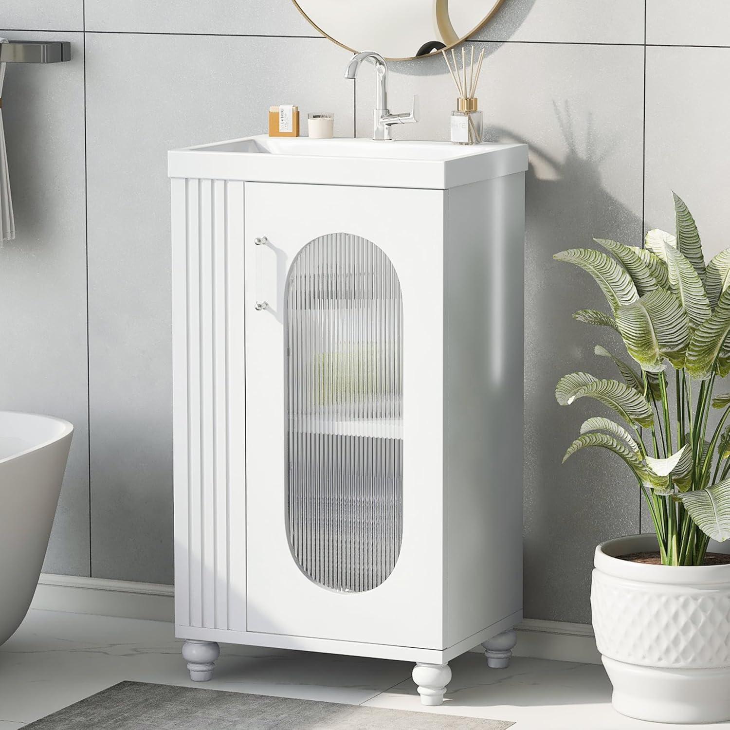 Virubi 20" Small Bathroom Vanity with Sink and Glass Door, Storage Shelf & Toilet Paper Holder,Solid Wood & MDF Modern Single Bathroom Sink Cabinet with Shelves,Freestanding,White