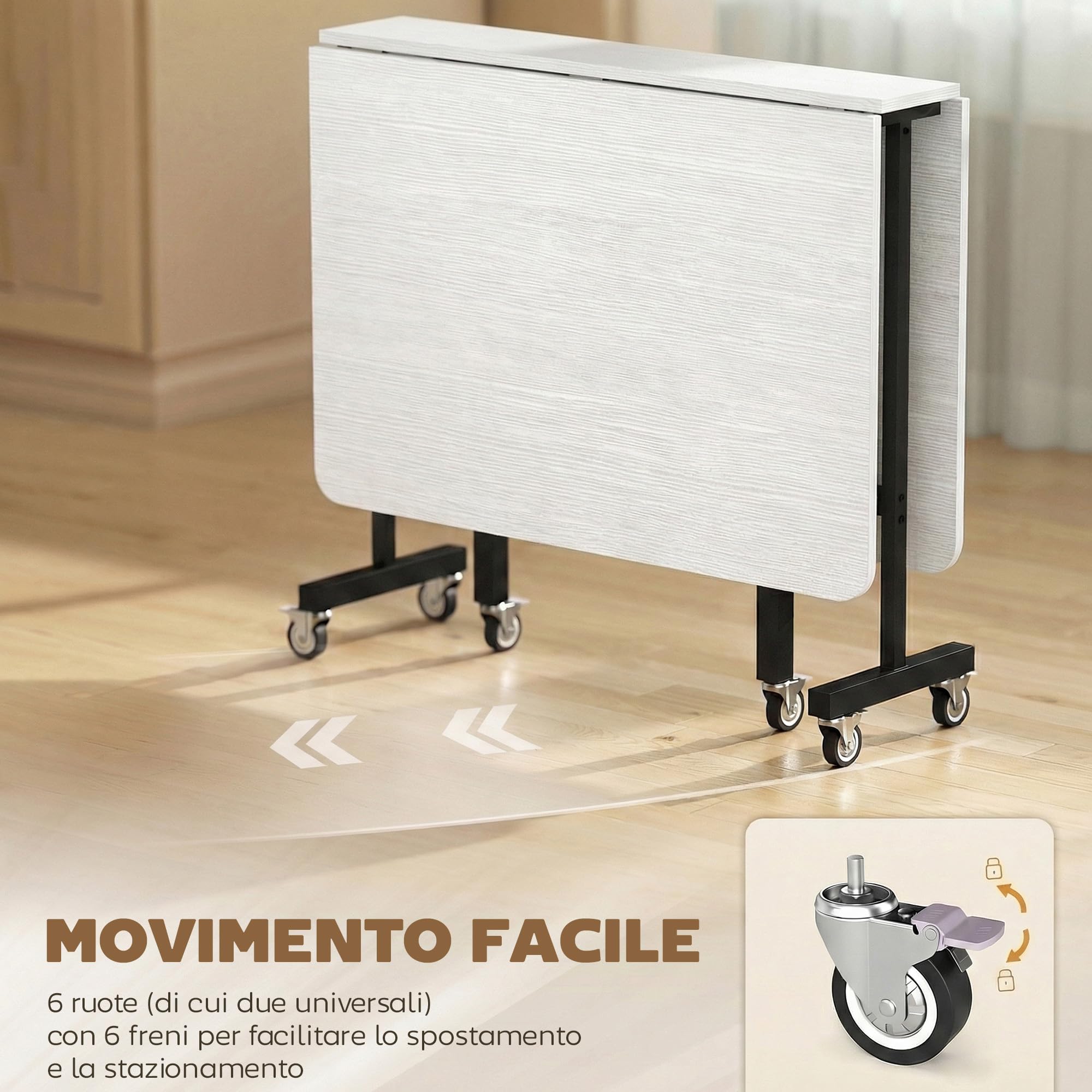 HOMCOM Tavolo da Pranzo Pieghevole, Tavolo Cucina a Ribalta con Ruote a Freno per 4-6 Persone, Scrivania Richiudibile con Struttura in Acciaio, per Soggiorno, 120x80x73 cm, Bianco Effetto Legno