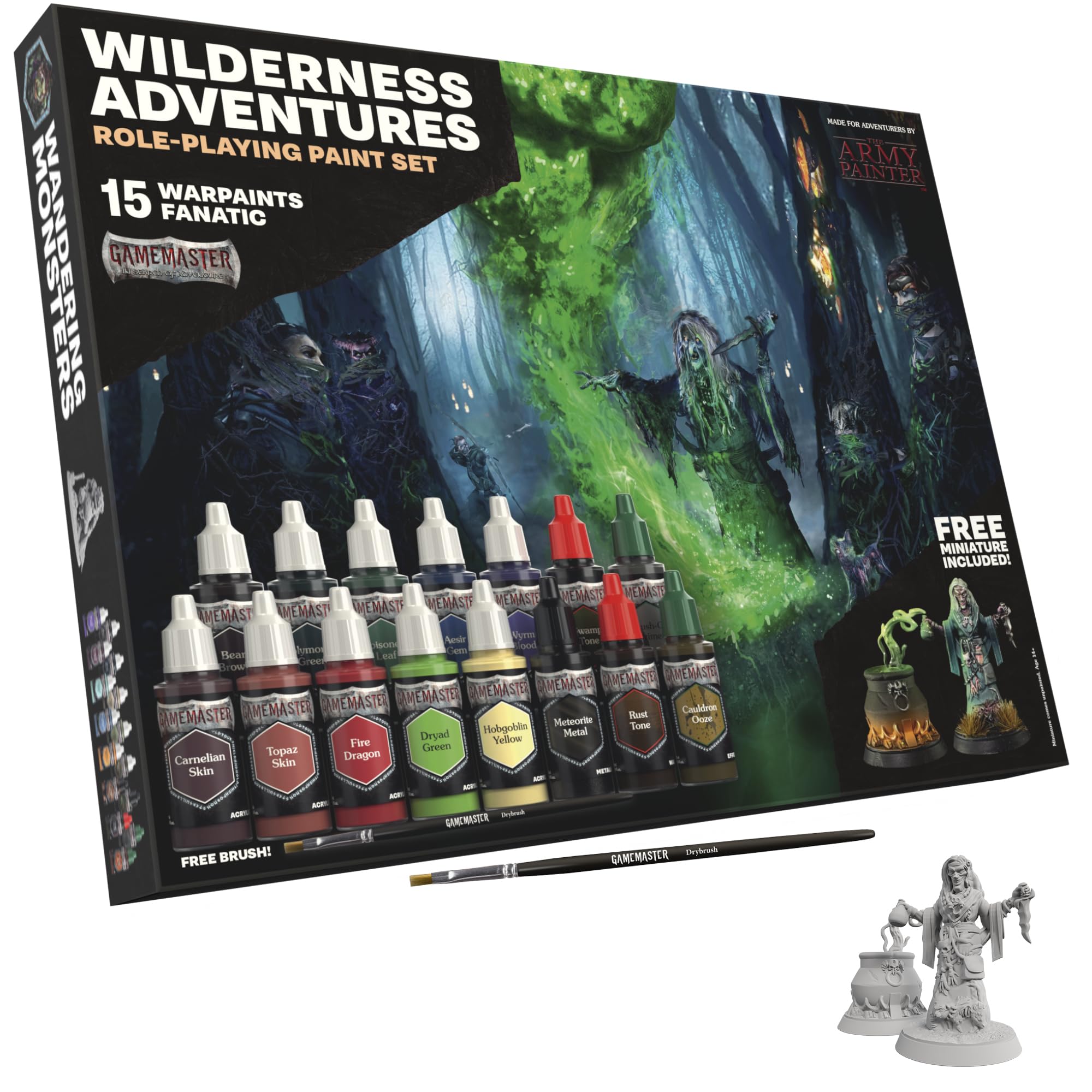 GameMaster: Wilderness Adventures Role-playing Paint Set, 15x18 ml Warpaints Fanatic Acrylic, 1 GameMaster Drybrush, 1 FREE Hard-plastic snap-fit Hag Miniature