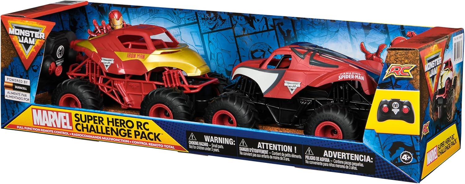 Monster Jam, Marvel Official Superhero RC Challenge Pack Iron Man and Amazing Spider-Man RC Trucks 1:24 Scale RC Kids Toy for Ages 4+