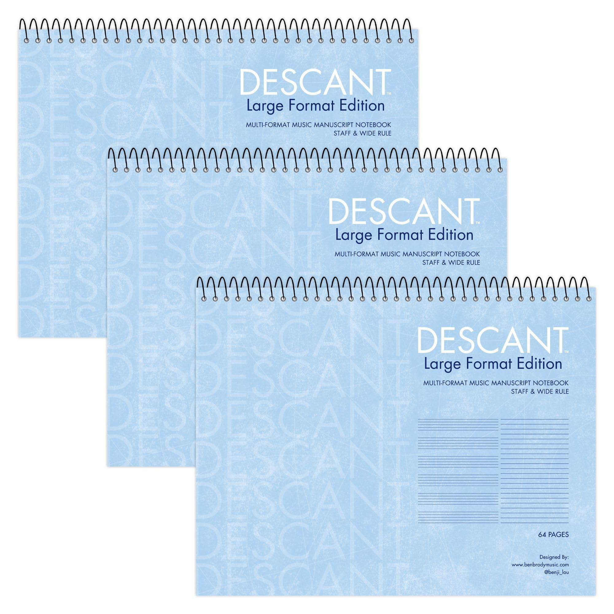 Descant Quaderno musicale a spirale, manoscritto multiformato a righe per personale unico e universitario, 28 x 21,6 cm, 64 pagine, rilegato in alto, carta bianca pesante 9,1 kg, confezione da 3