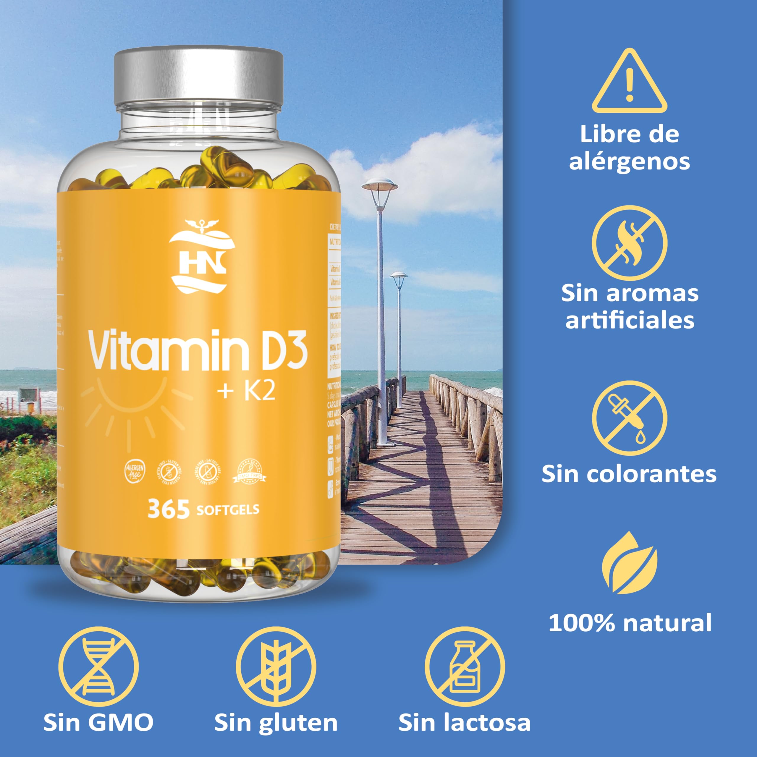 Vitamina D - 365 Cápsulas de vitamina D3 K2 – Vitamina D (5000 UI) altamente concentrada. Favorece la función inmunológica y ósea - 1095 cápsulas (3 botes)