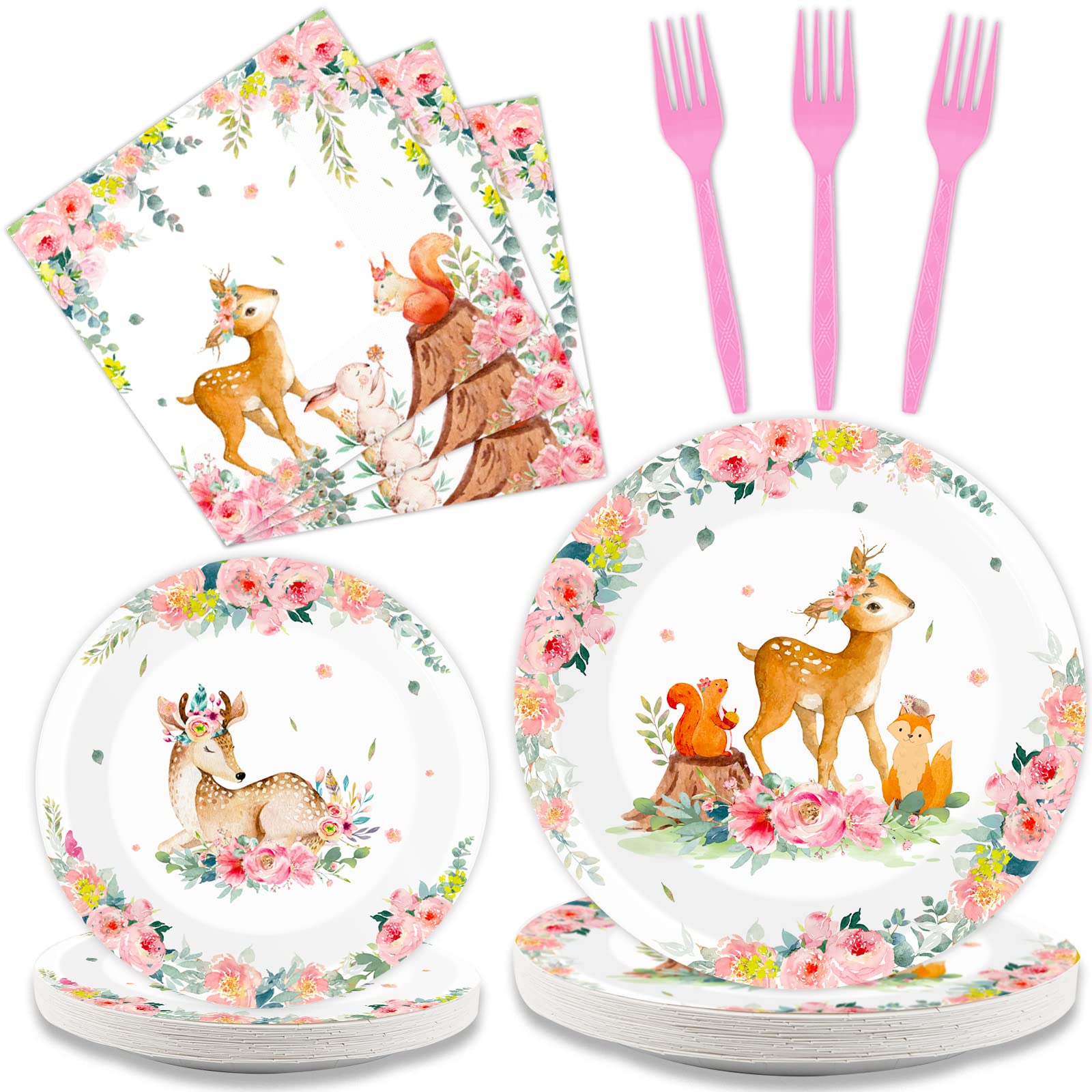 Tevxj 96PCS Woodland Baby Shower Tableware Set Girls Pink Safari Dinnerware Disposable Plates Woodland Party Plates Napkins Forks for Forest Animal Deer Flower Party Decorations Supplies 24 guests
