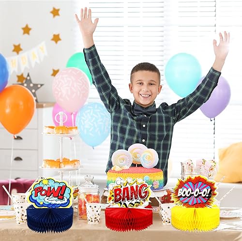 Miniatura 6 de Skylety 6 piezas de decoración de fiesta temática de héroe, centros de mesa de nido de abeja de héroe, suministros de fiesta de cumpleaños,