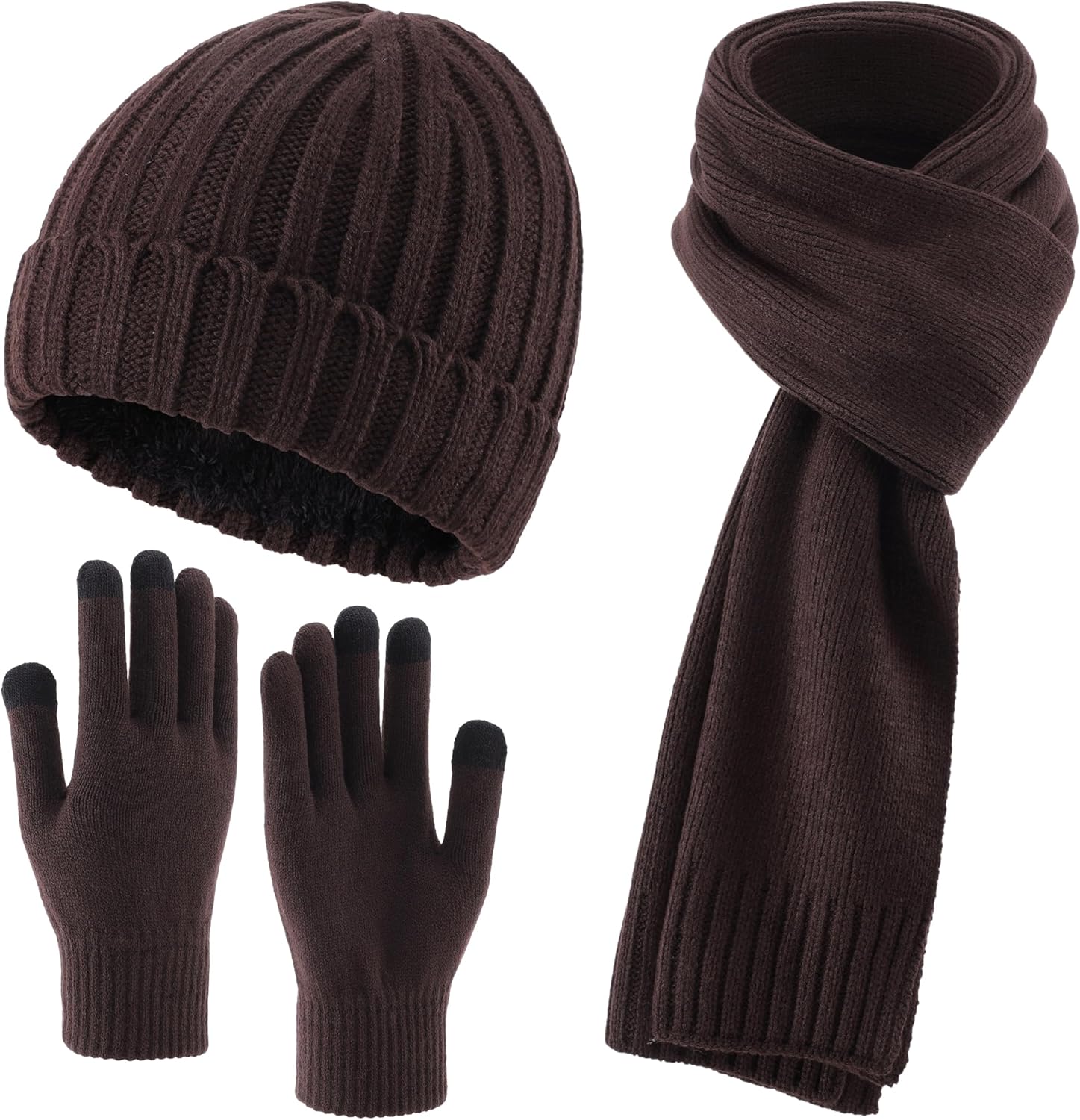 Connectyle 3 PCS Fleece Lined Cold Weather Set, Warm Winter Beanie Hat, Long Scarf and Touchscreen Gloves for Men & Women