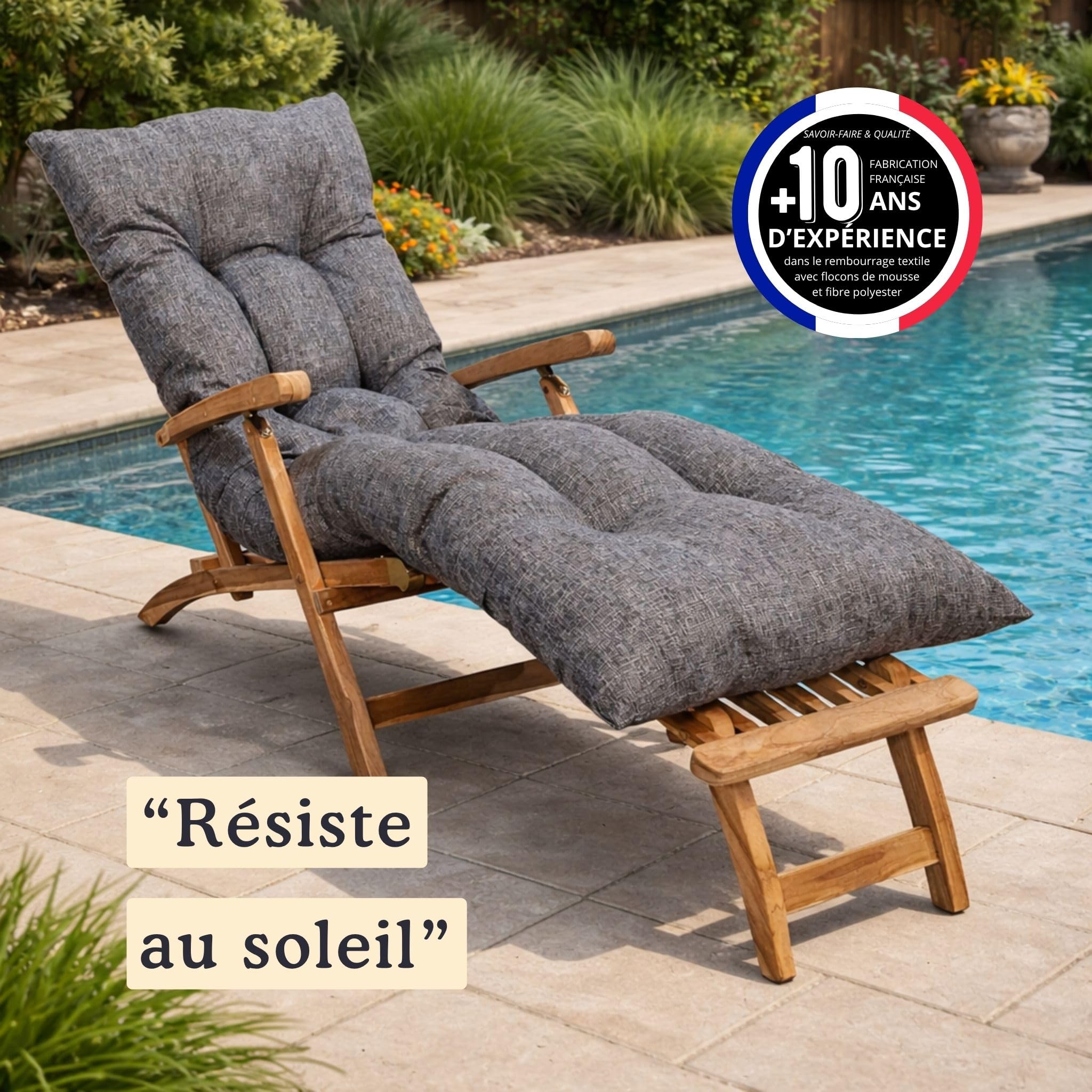 bananair - Coussin Bain de Soleil Chaise Longue - Épais, Ultra Confortable, Design Matelassé - Fabriqué en France - Matelas Transat avec Scratchs, Facile à Installer (185x60x15 cm, Gris)