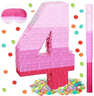 Number 4 Pinata 4th Birthday Pinata Decorations Gradient Pink Pinata with Stick Blindfold Confetti for Girls Boys Birthday Anniversary Party Decorations Supplies