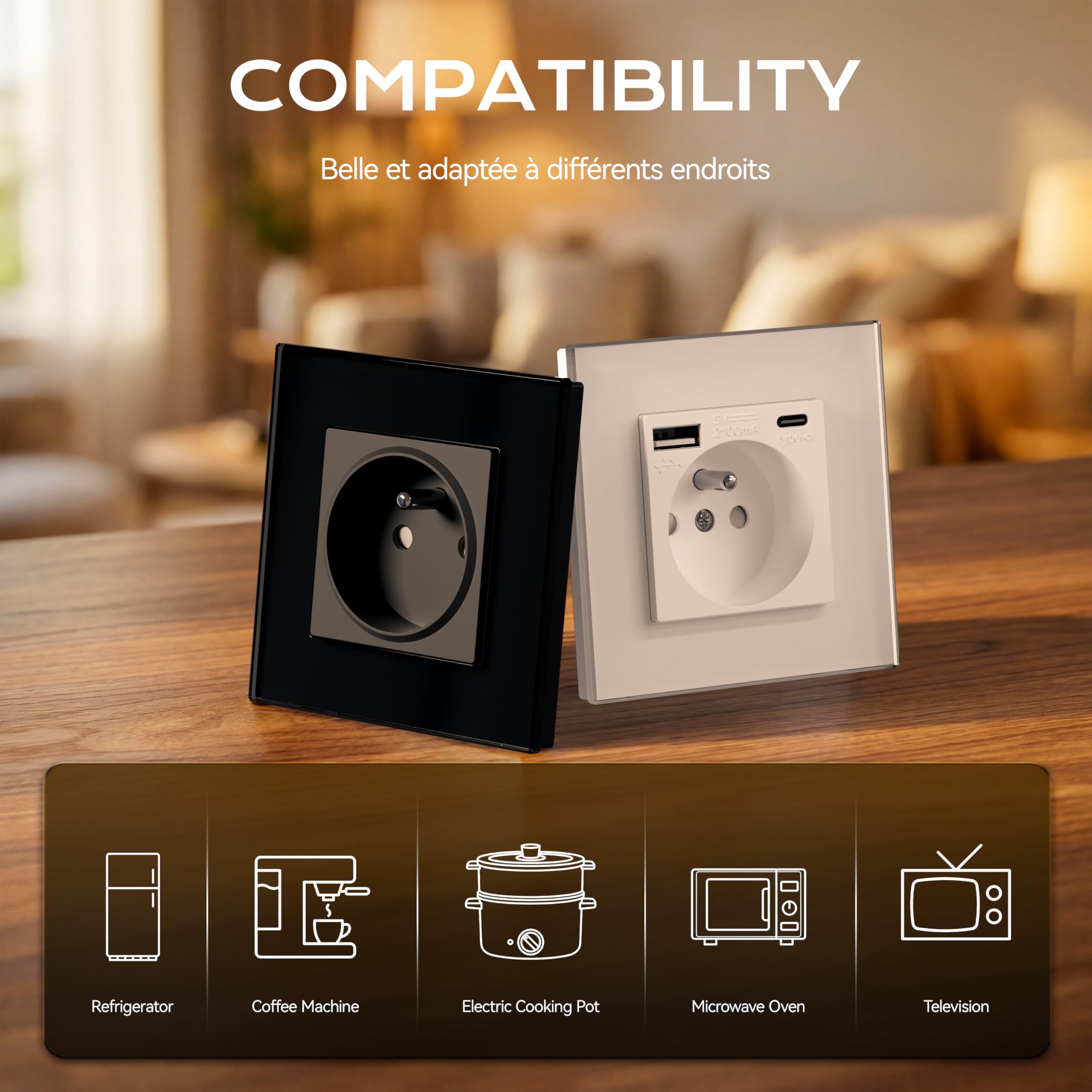 BSEED Prise Murale USB C 2 Paquets, Multiprise avec USB 2.1A 16A 240V 86mm Blanc