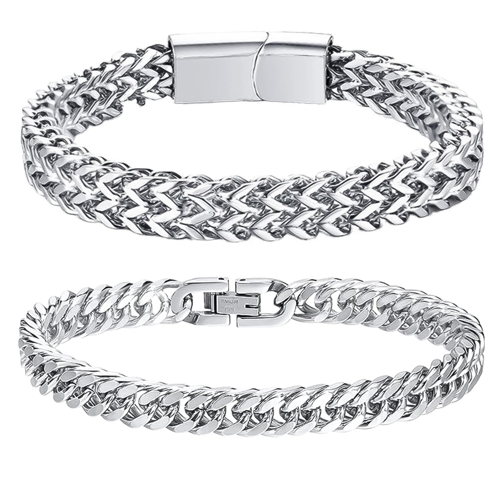 QJFHURB 2 Pcs Pulsera Hombre Pulseras Hombre Pulsera Hombre Pulsera Hombre Acero Pulsera Acero Inoxidable Hombre Pulsera Hombre Plata Pulsera Eslabones Cubanos Para Hombre Pulsera Cadena